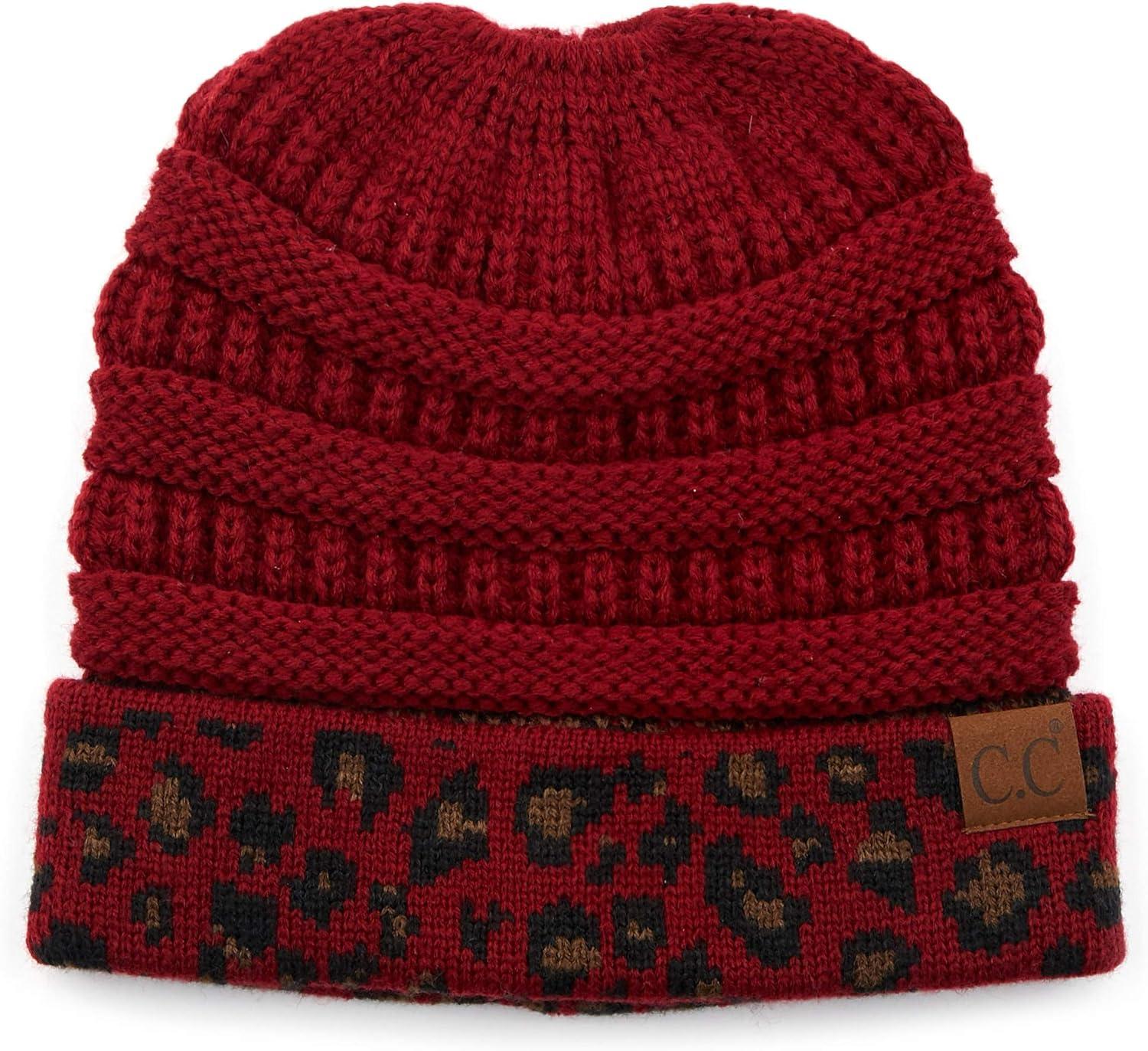 imageCC Exclusives Soft Stretch Cable Knit Messy Bun Ponytail Beanie Winter Hat for Women MB20A1 Leopard Burgundy