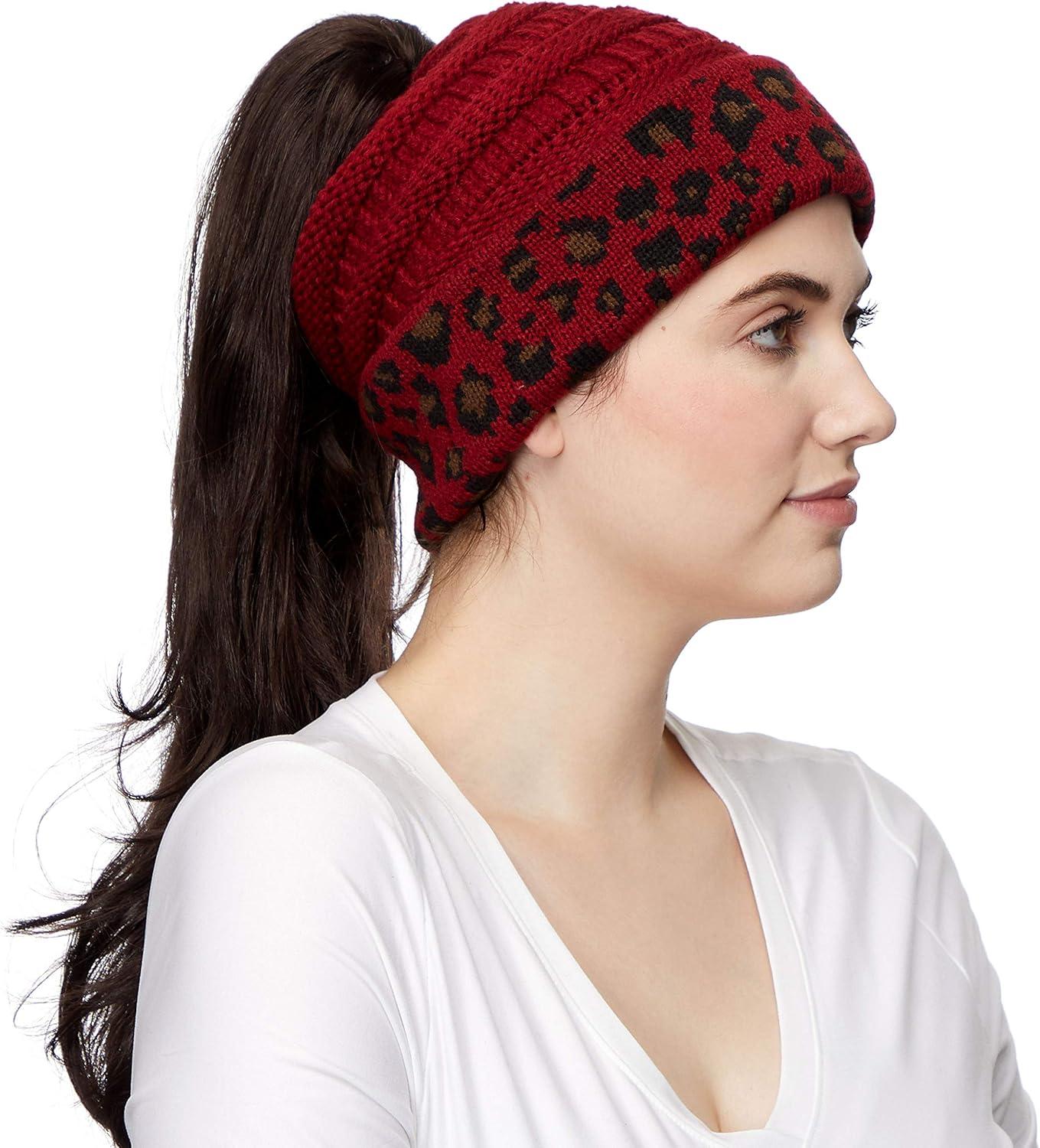 imageCC Exclusives Soft Stretch Cable Knit Messy Bun Ponytail Beanie Winter Hat for Women MB20A1 Leopard Burgundy
