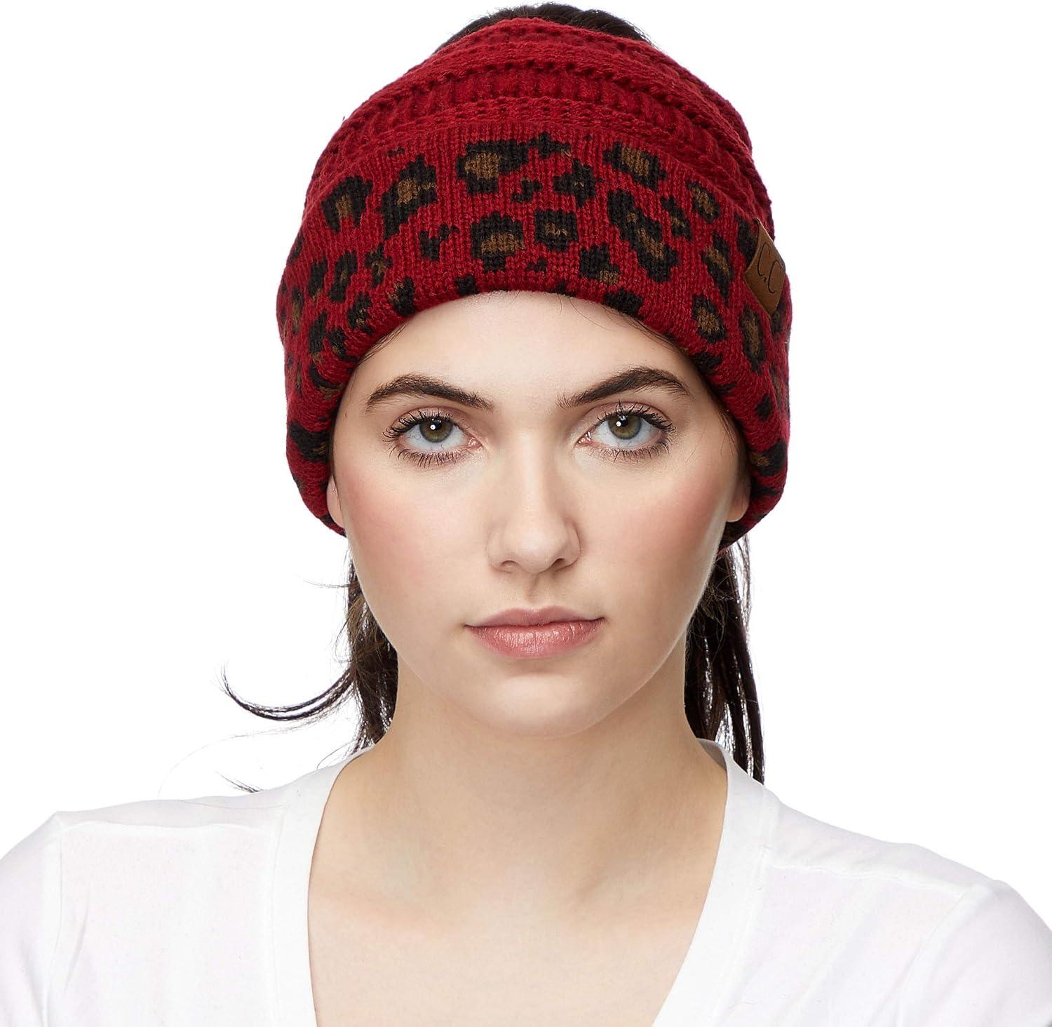 imageCC Exclusives Soft Stretch Cable Knit Messy Bun Ponytail Beanie Winter Hat for Women MB20A1 Leopard Burgundy
