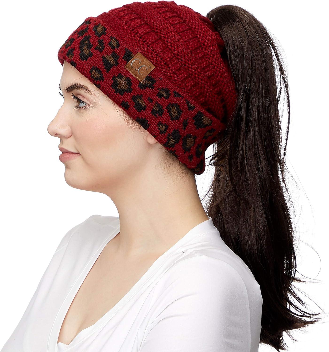 imageCC Exclusives Soft Stretch Cable Knit Messy Bun Ponytail Beanie Winter Hat for Women MB20A1 Leopard Burgundy