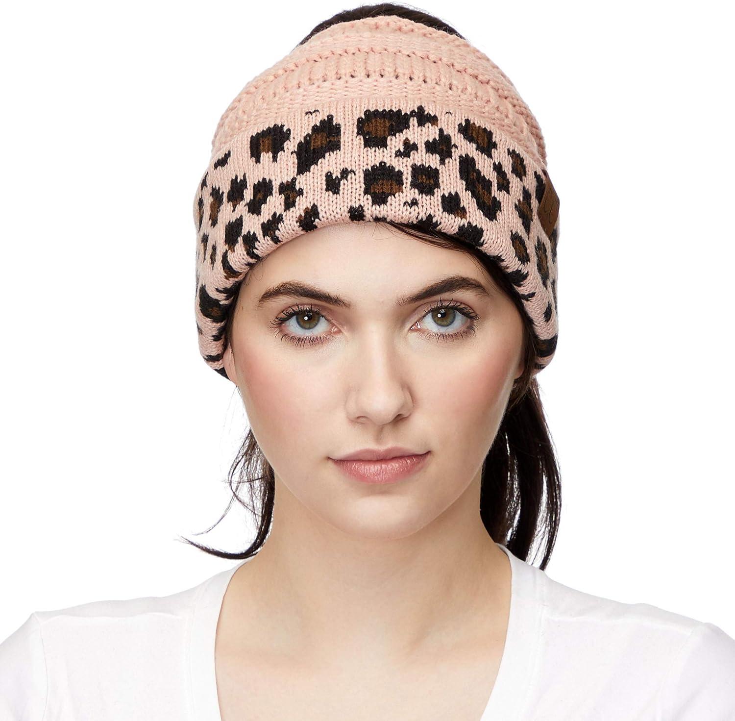 imageCC Exclusives Soft Stretch Cable Knit Messy Bun Ponytail Beanie Winter Hat for Women MB20A1 Leopard Indi Pink