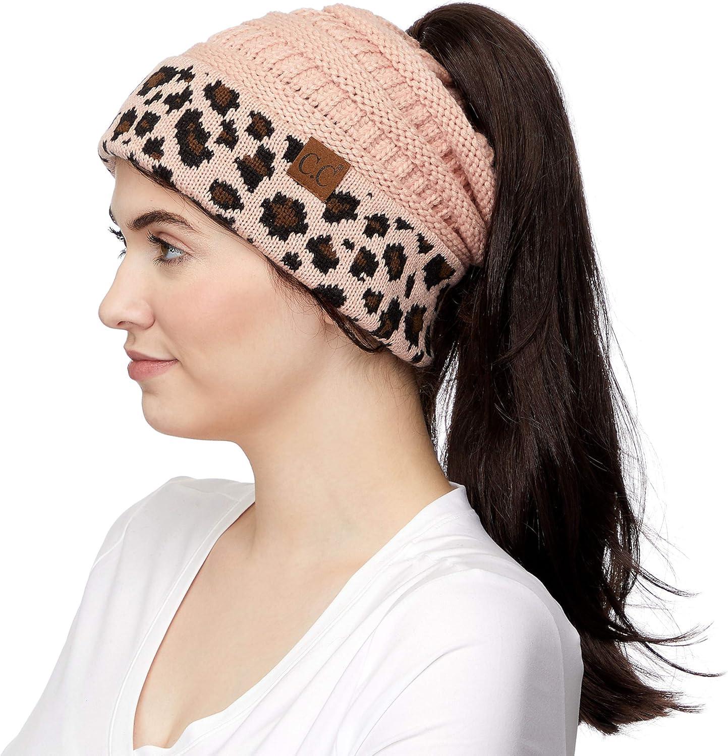 imageCC Exclusives Soft Stretch Cable Knit Messy Bun Ponytail Beanie Winter Hat for Women MB20A1 Leopard Indi Pink