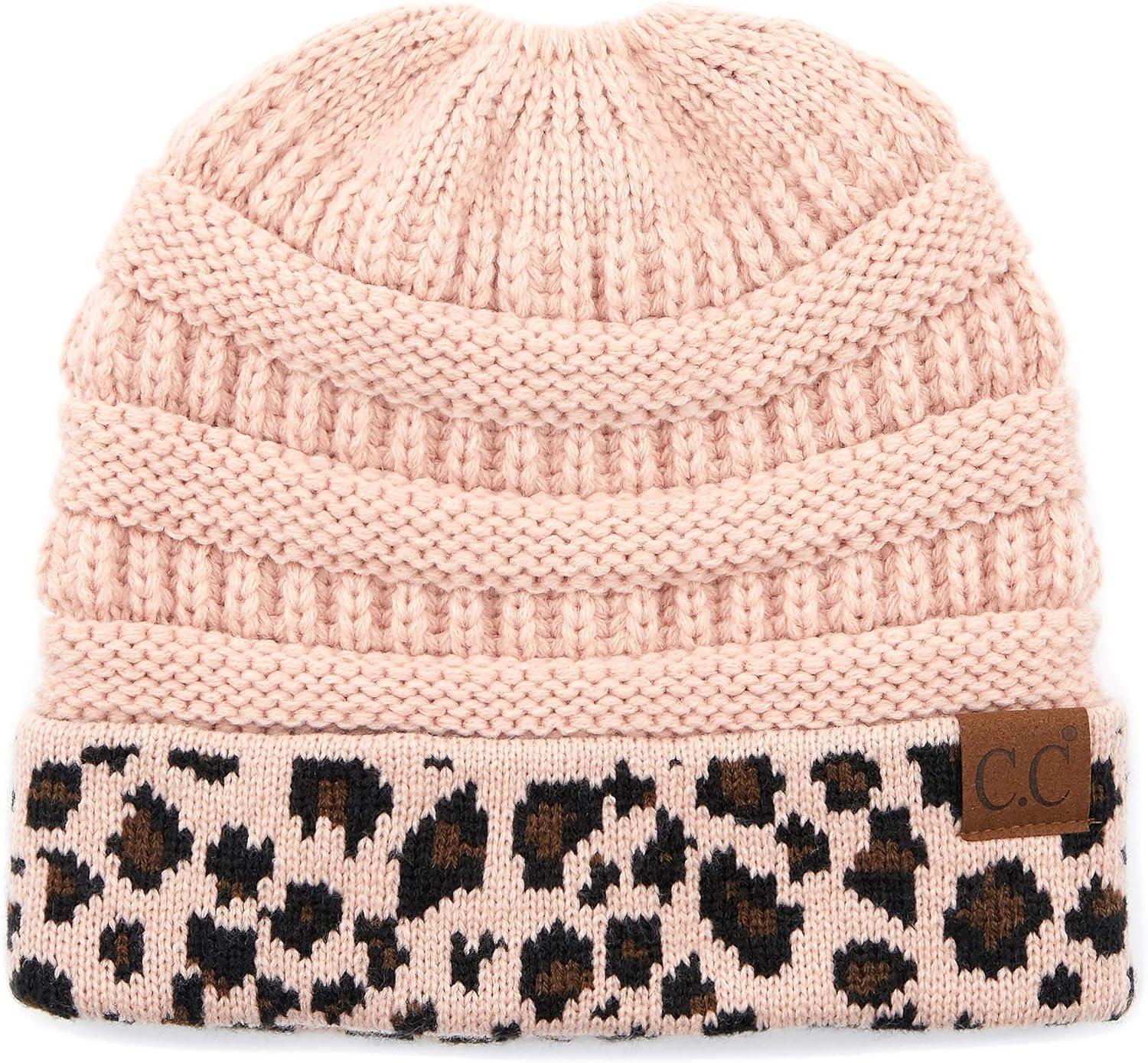 imageCC Exclusives Soft Stretch Cable Knit Messy Bun Ponytail Beanie Winter Hat for Women MB20A1 Leopard Indi Pink