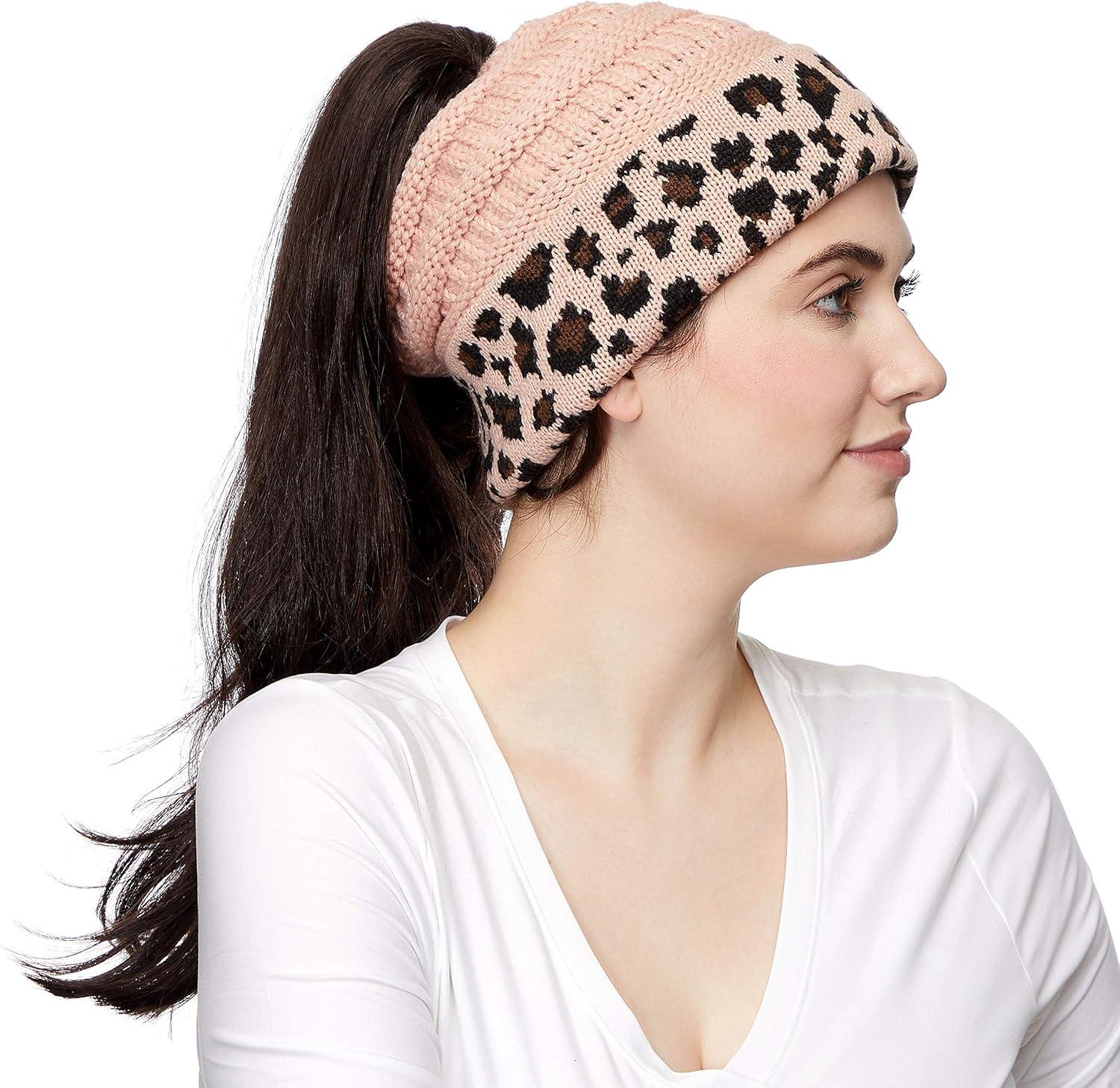 imageCC Exclusives Soft Stretch Cable Knit Messy Bun Ponytail Beanie Winter Hat for Women MB20A1 Leopard Indi Pink