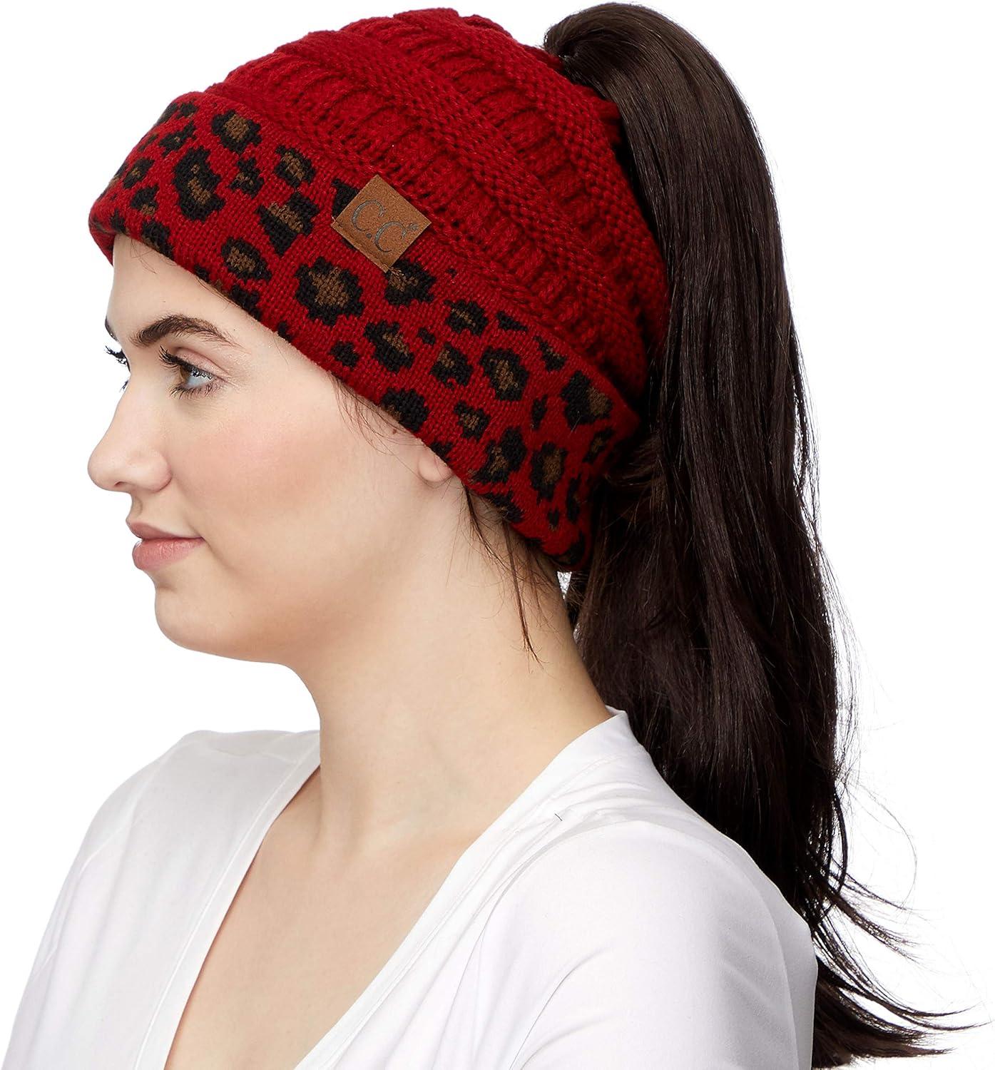 imageCC Exclusives Soft Stretch Cable Knit Messy Bun Ponytail Beanie Winter Hat for Women MB20A1 Leopard Red