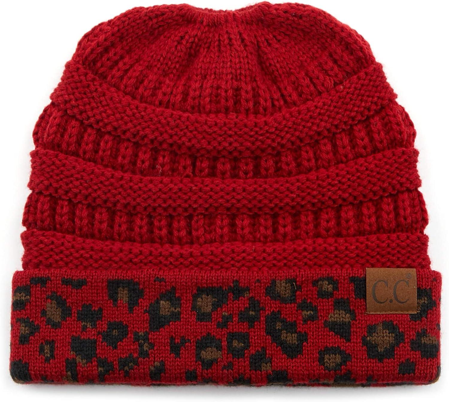 imageCC Exclusives Soft Stretch Cable Knit Messy Bun Ponytail Beanie Winter Hat for Women MB20A1 Leopard Red