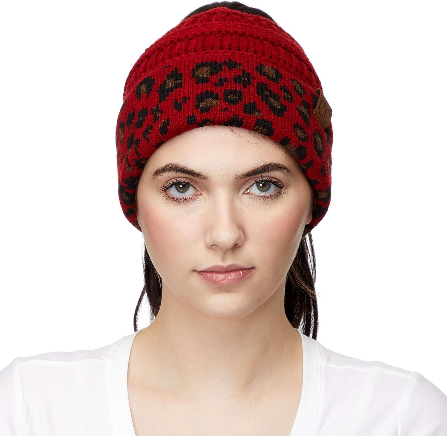 imageCC Exclusives Soft Stretch Cable Knit Messy Bun Ponytail Beanie Winter Hat for Women MB20A1 Leopard Red