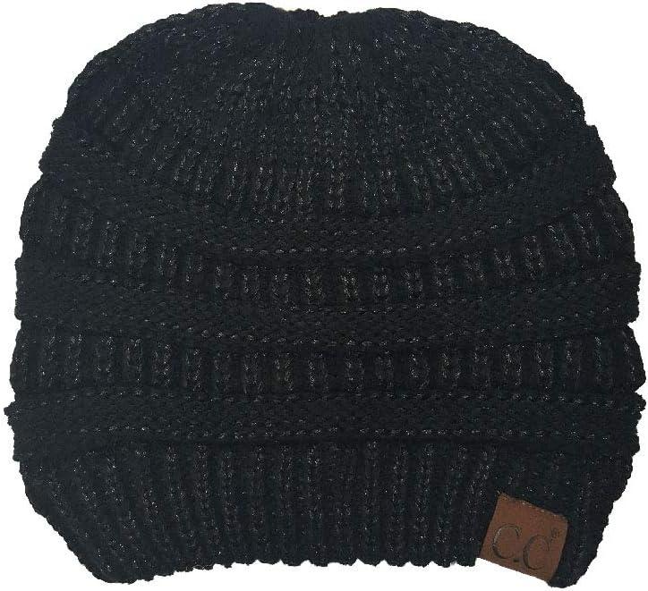 imageCC Exclusives Soft Stretch Cable Knit Messy Bun Ponytail Beanie Winter Hat for Women MB20ABlack Metallic