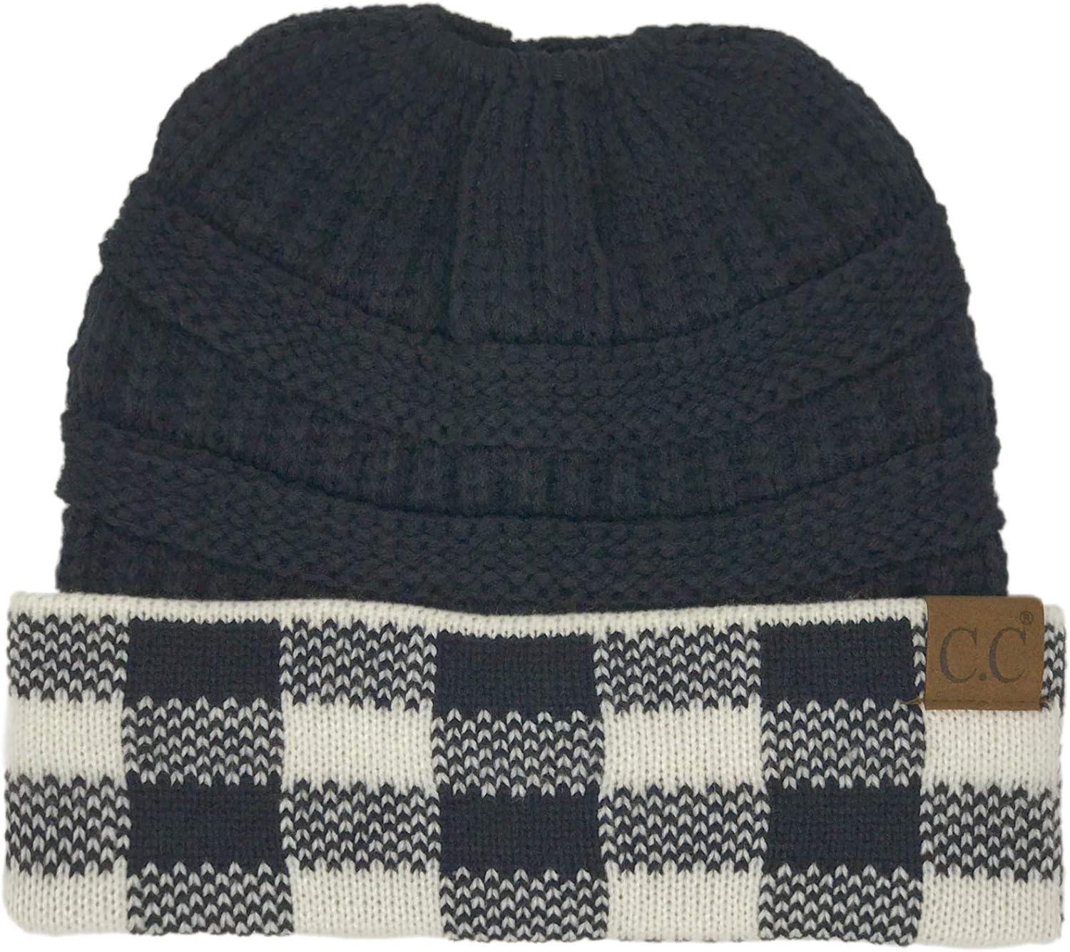 imageCC Exclusives Soft Stretch Cable Knit Messy Bun Ponytail Beanie Winter Hat for Women MB20ABuffalo Plaid NavyWhite