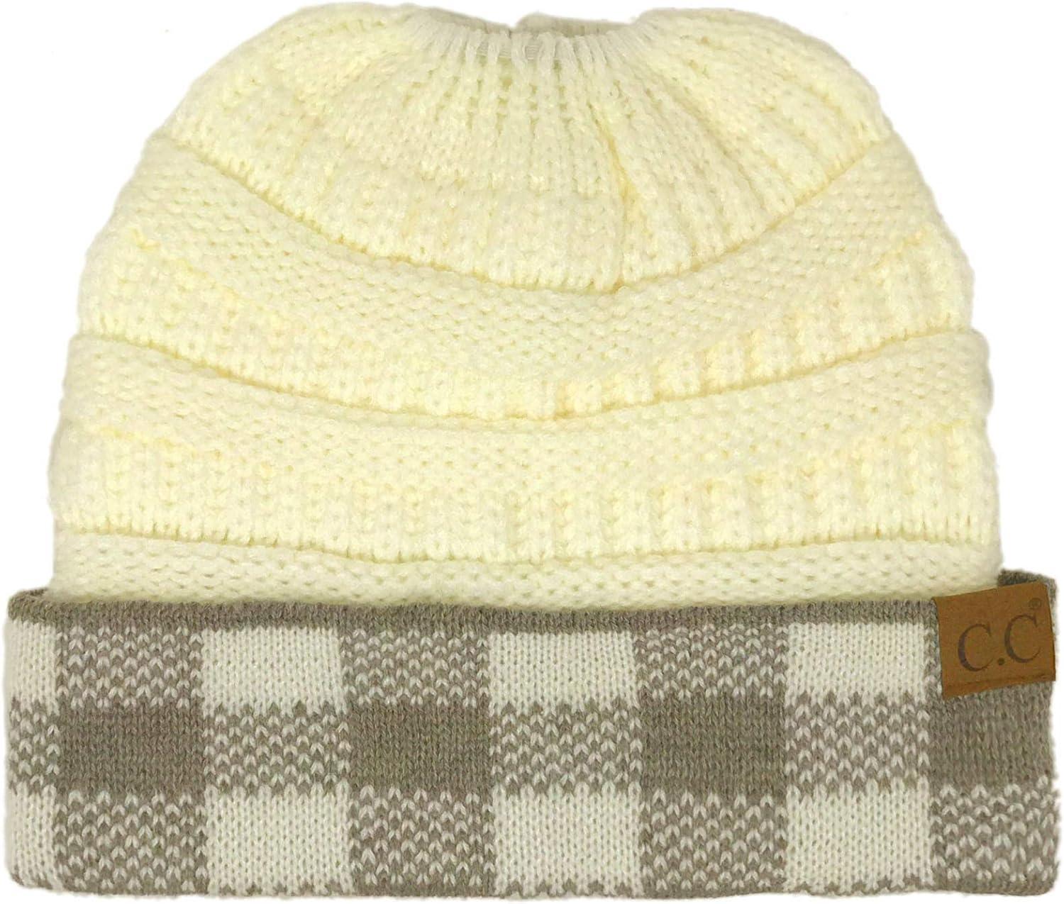 imageCC Exclusives Soft Stretch Cable Knit Messy Bun Ponytail Beanie Winter Hat for Women MB20ABuffalo Plaid WhiteLt Melange Gray