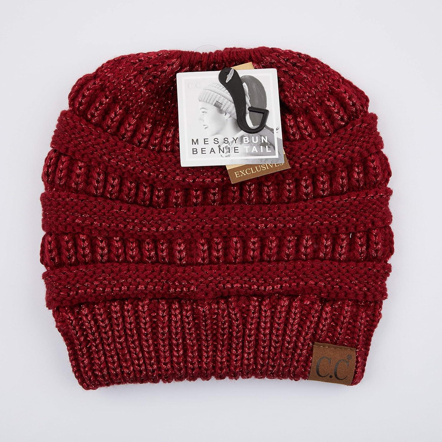 imageCC Exclusives Soft Stretch Cable Knit Messy Bun Ponytail Beanie Winter Hat for Women MB20ABurgundy Met
