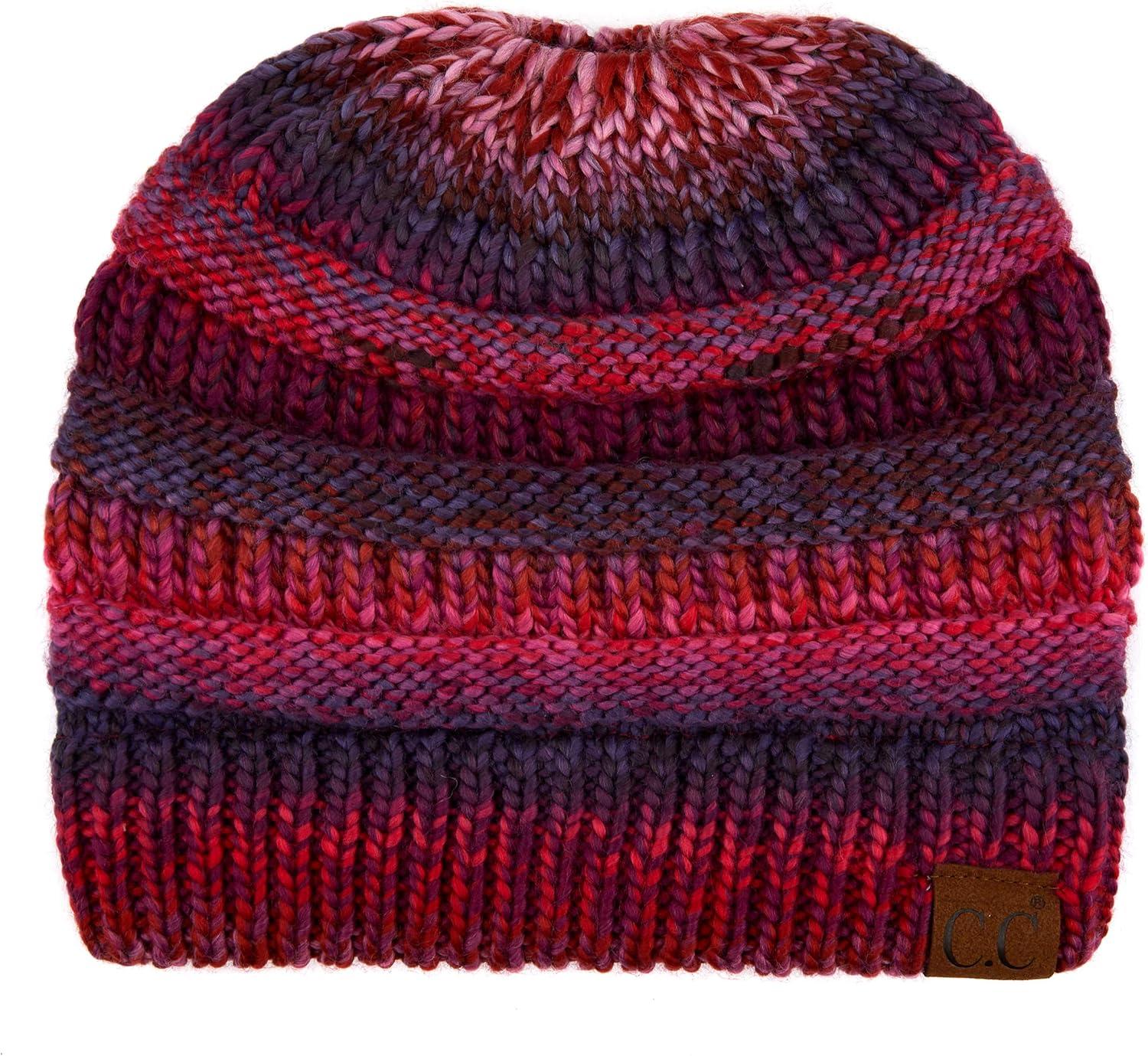 imageCC Exclusives Soft Stretch Cable Knit Messy Bun Ponytail Beanie Winter Hat for Women MB20ABurgundy Mix