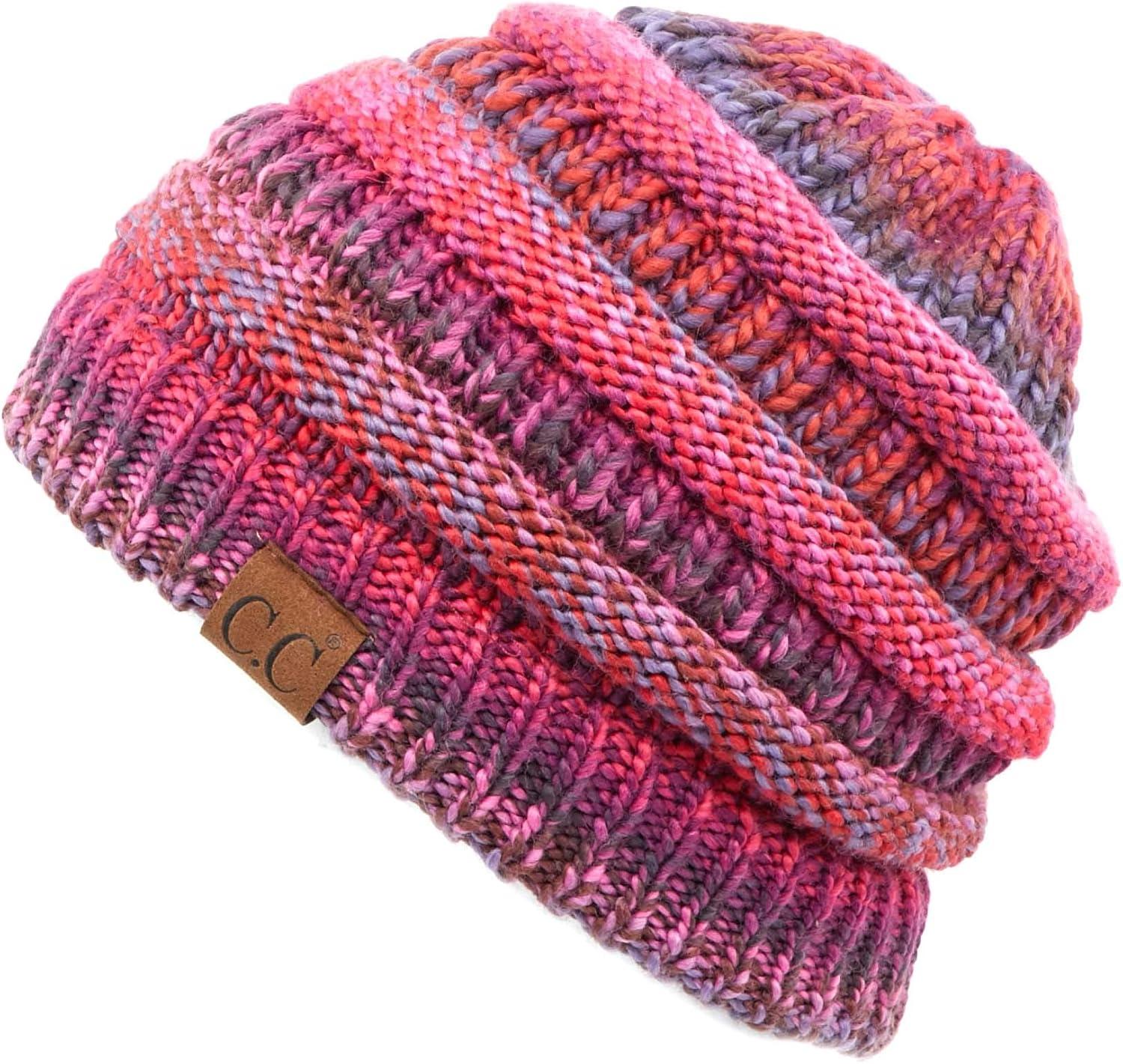 imageCC Exclusives Soft Stretch Cable Knit Messy Bun Ponytail Beanie Winter Hat for Women MB20ABurgundy Mix