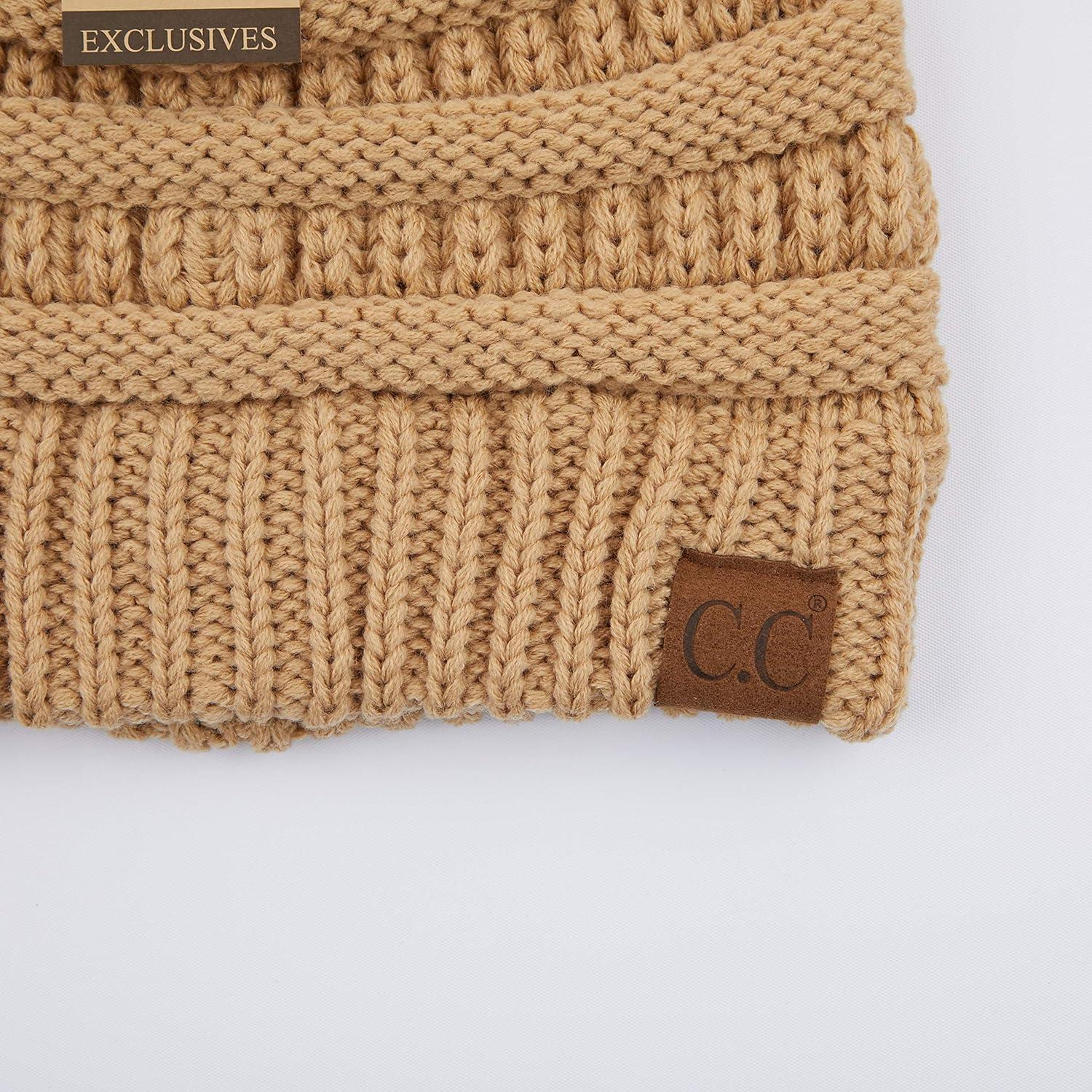 imageCC Exclusives Soft Stretch Cable Knit Messy Bun Ponytail Beanie Winter Hat for Women MB20ACamel