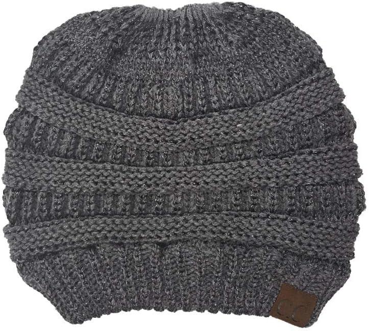 imageCC Exclusives Soft Stretch Cable Knit Messy Bun Ponytail Beanie Winter Hat for Women MB20ADark Melange Grey Metallic