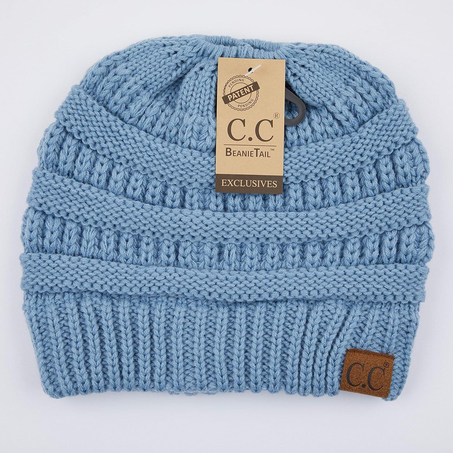 imageCC Exclusives Soft Stretch Cable Knit Messy Bun Ponytail Beanie Winter Hat for Women MB20ADenim