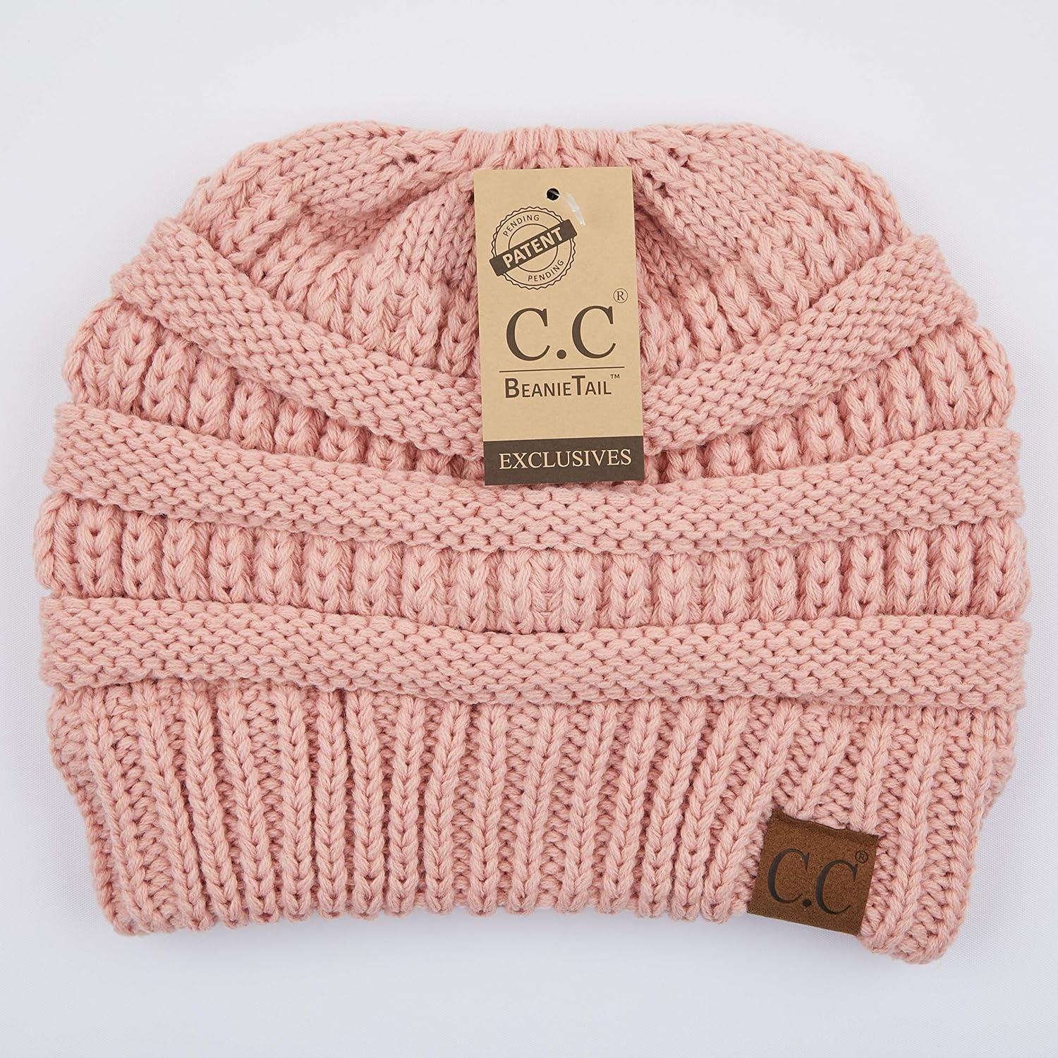 imageCC Exclusives Soft Stretch Cable Knit Messy Bun Ponytail Beanie Winter Hat for Women MB20AIndi Pink