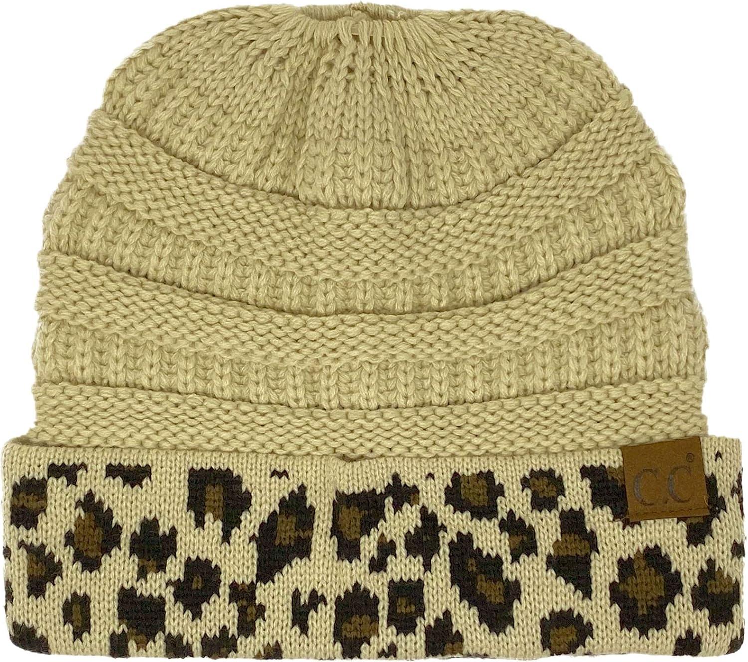 imageCC Exclusives Soft Stretch Cable Knit Messy Bun Ponytail Beanie Winter Hat for Women MB20ALeopard Beige
