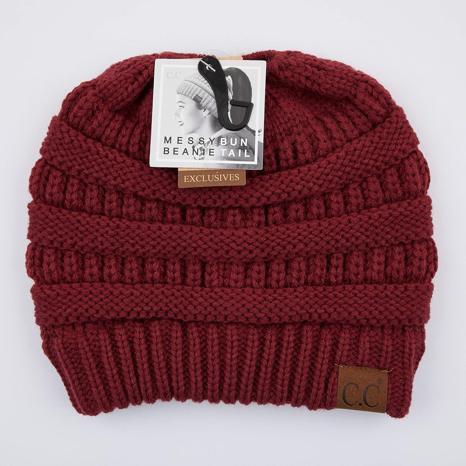 imageCC Exclusives Soft Stretch Cable Knit Messy Bun Ponytail Beanie Winter Hat for Women MB20AMaroon