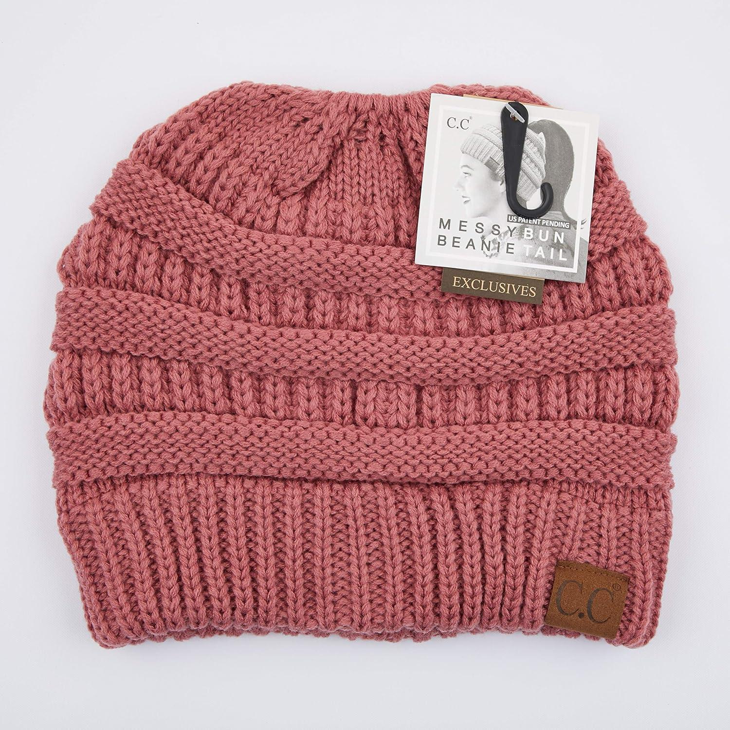 imageCC Exclusives Soft Stretch Cable Knit Messy Bun Ponytail Beanie Winter Hat for Women MB20AMauve