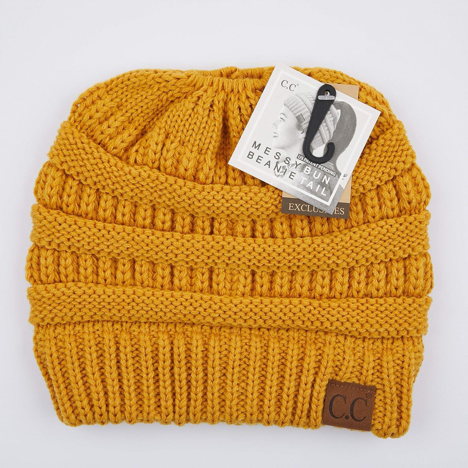 imageCC Exclusives Soft Stretch Cable Knit Messy Bun Ponytail Beanie Winter Hat for Women MB20AMustard