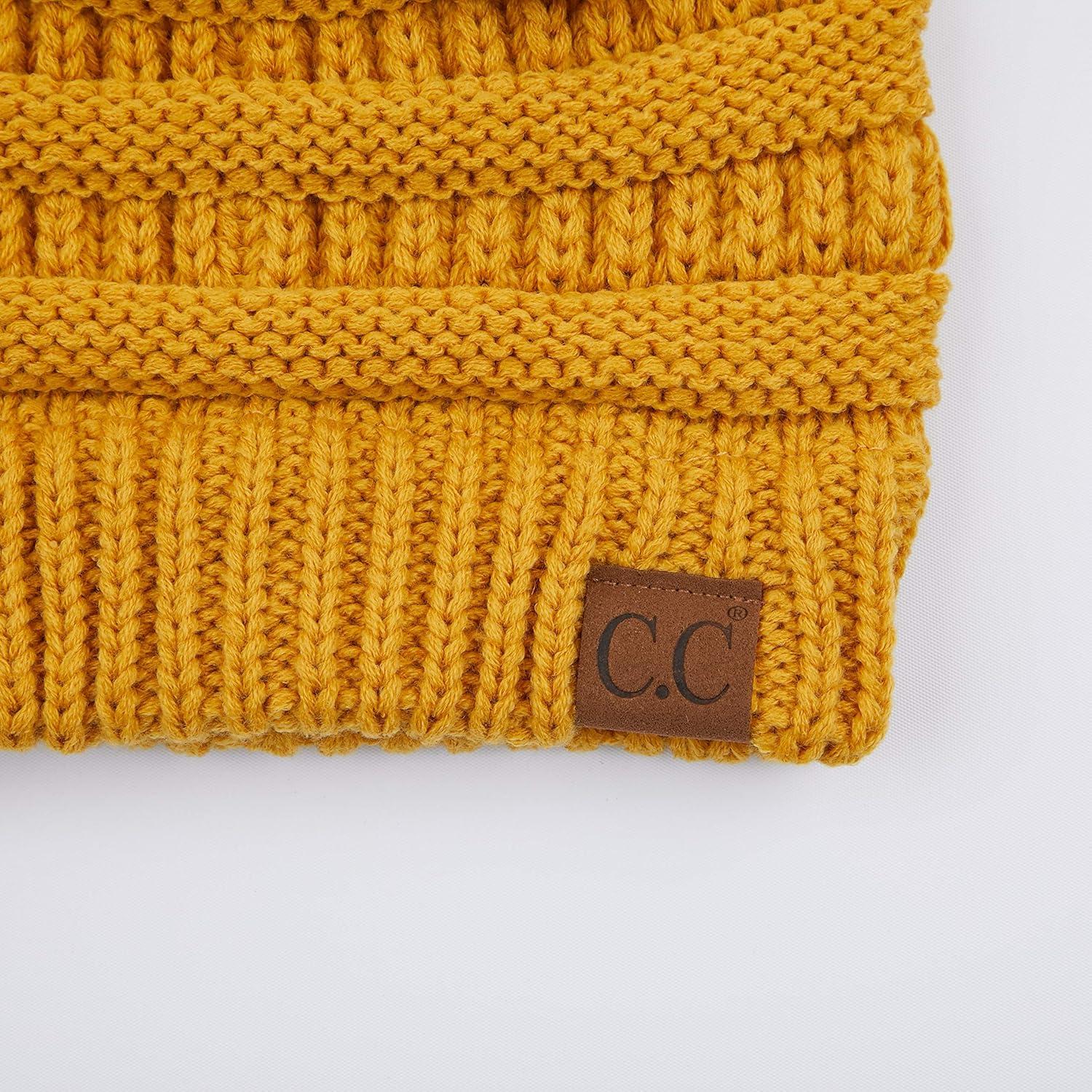 imageCC Exclusives Soft Stretch Cable Knit Messy Bun Ponytail Beanie Winter Hat for Women MB20AMustard