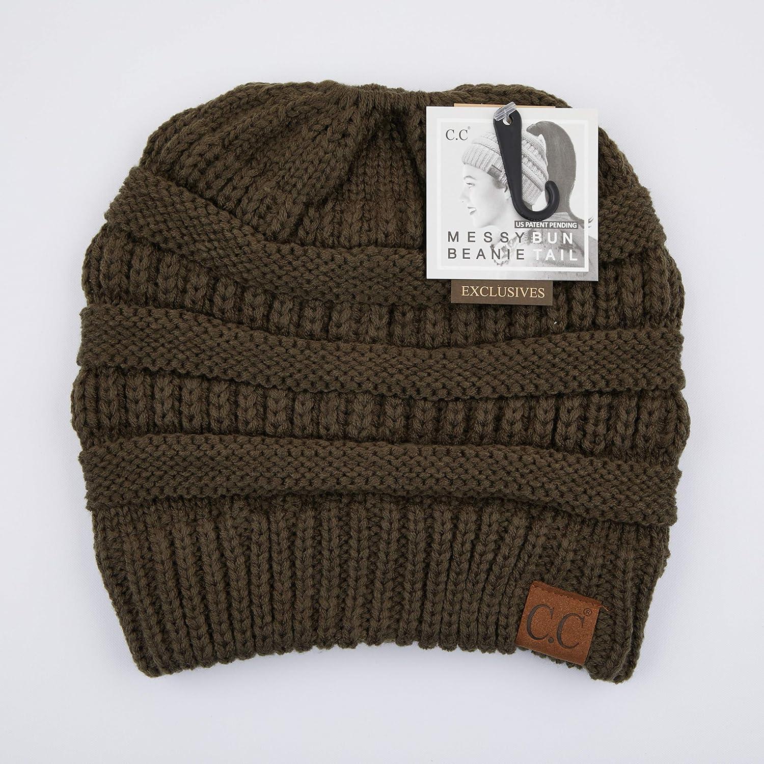 imageCC Exclusives Soft Stretch Cable Knit Messy Bun Ponytail Beanie Winter Hat for Women MB20ANewolive