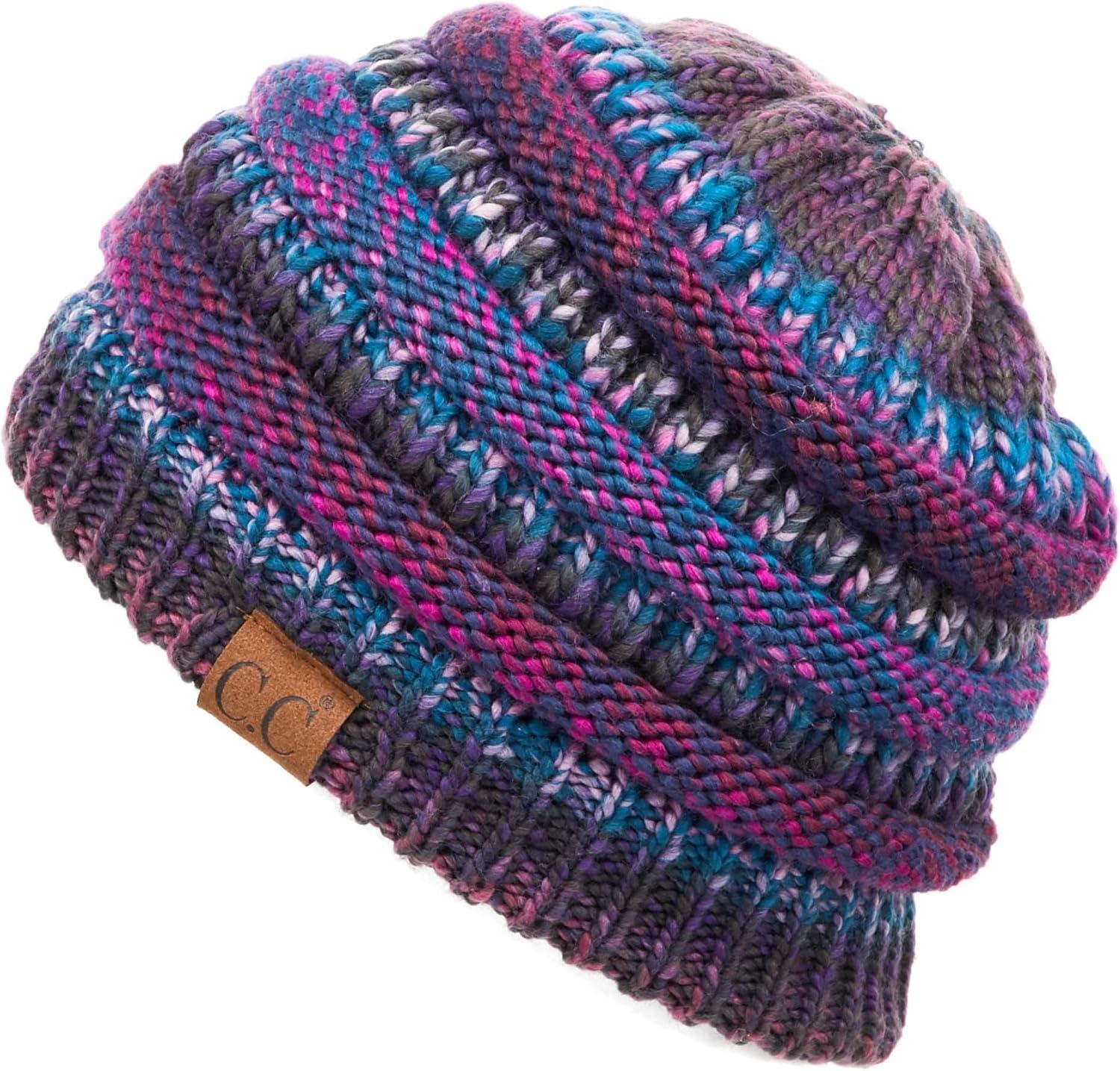 imageCC Exclusives Soft Stretch Cable Knit Messy Bun Ponytail Beanie Winter Hat for Women MB20APurple Mix