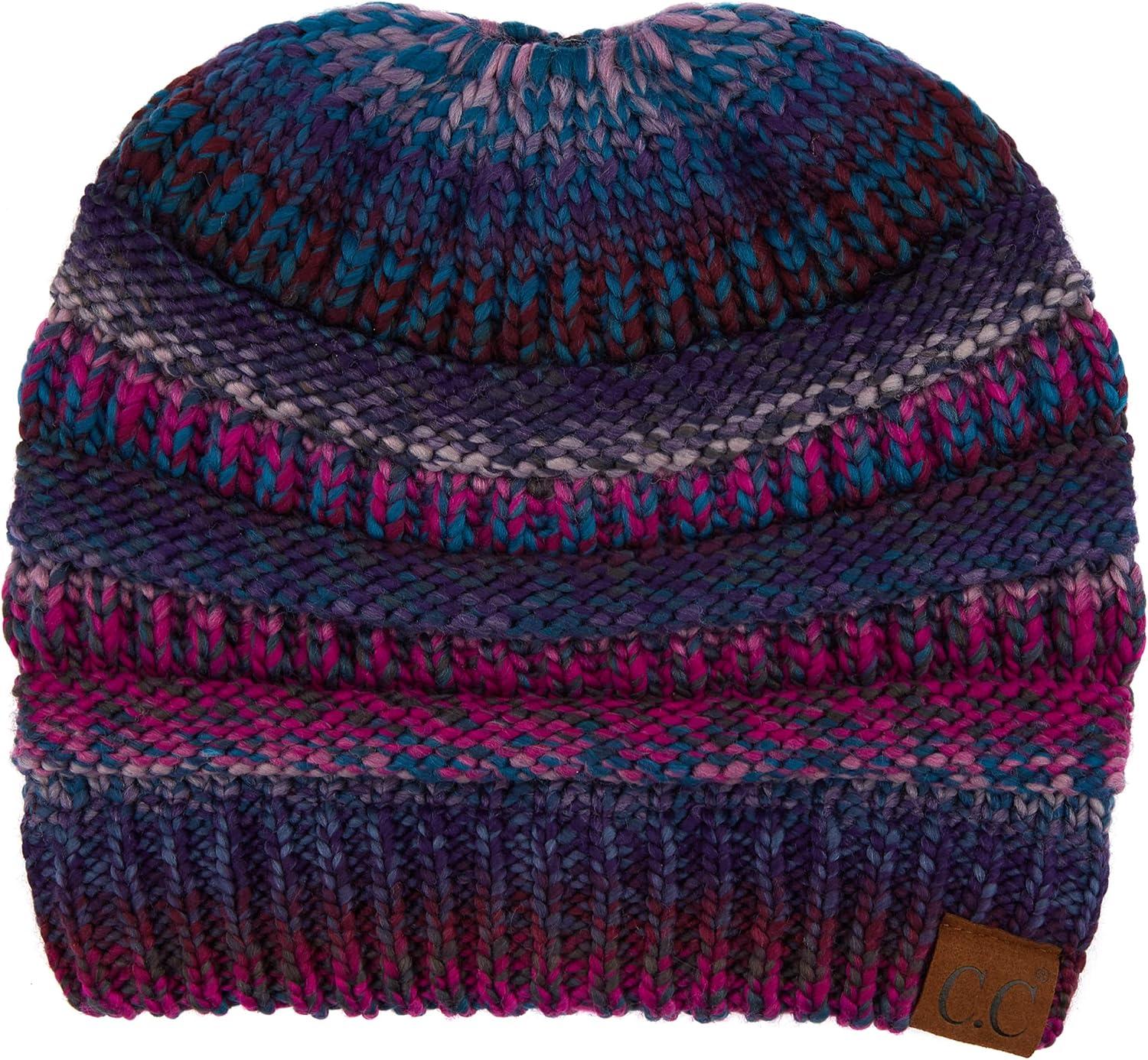 imageCC Exclusives Soft Stretch Cable Knit Messy Bun Ponytail Beanie Winter Hat for Women MB20APurple Mix