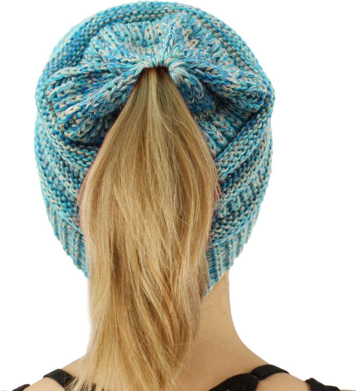 imageCC Exclusives Soft Stretch Cable Knit Messy Bun Ponytail Beanie Winter Hat for Women MB20AQuad Blue
