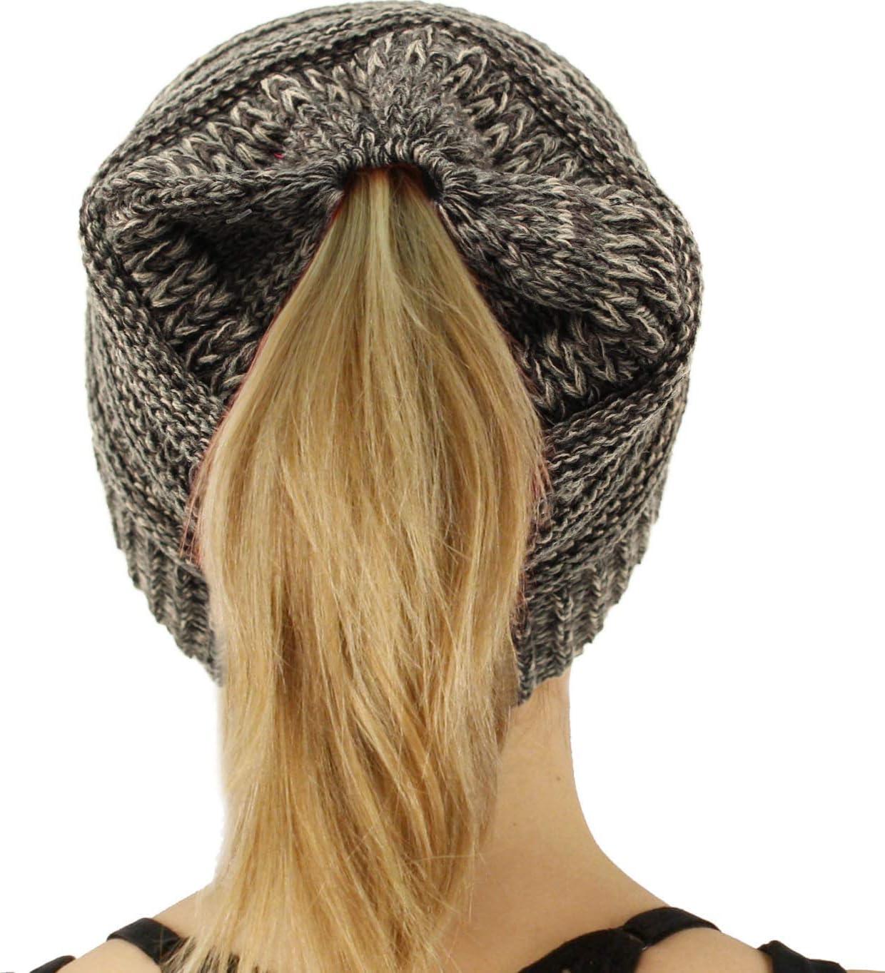 imageCC Exclusives Soft Stretch Cable Knit Messy Bun Ponytail Beanie Winter Hat for Women MB20AQuad Gray