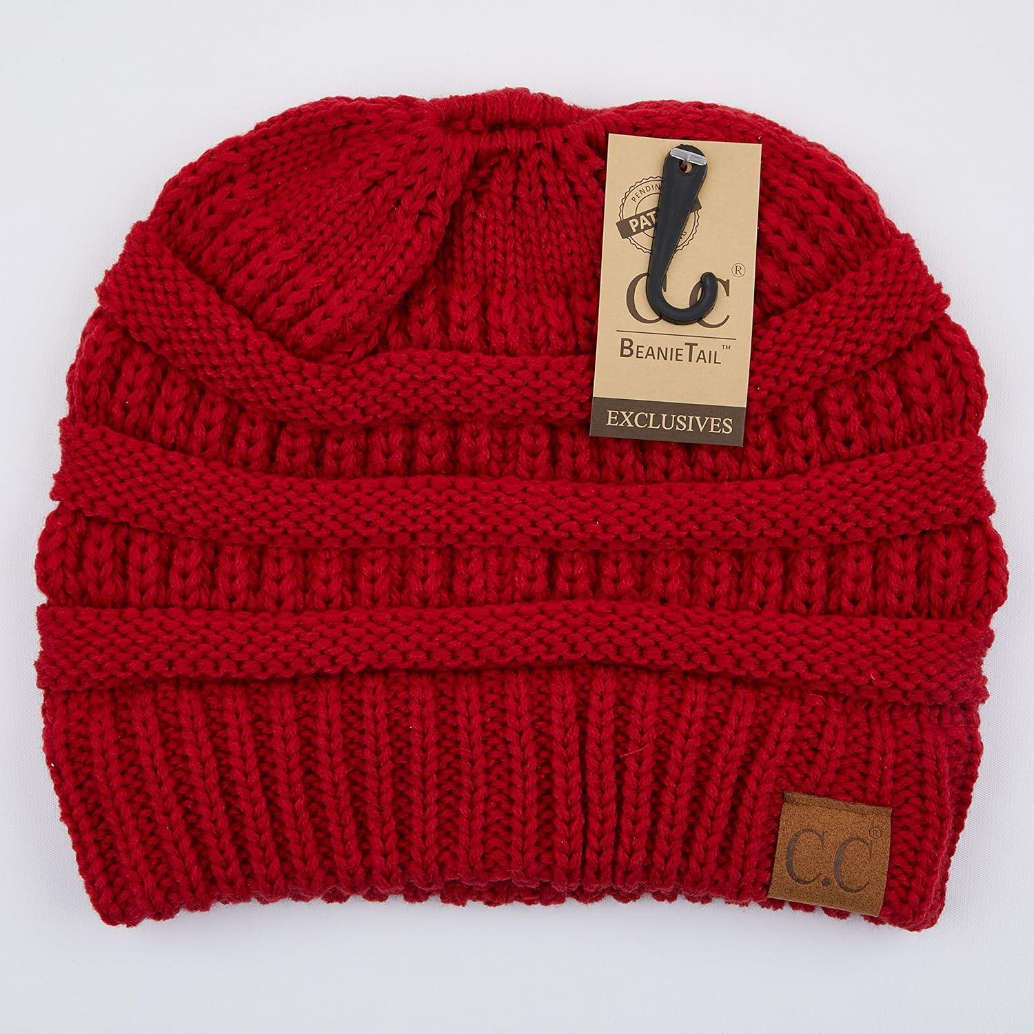 imageCC Exclusives Soft Stretch Cable Knit Messy Bun Ponytail Beanie Winter Hat for Women MB20ARed