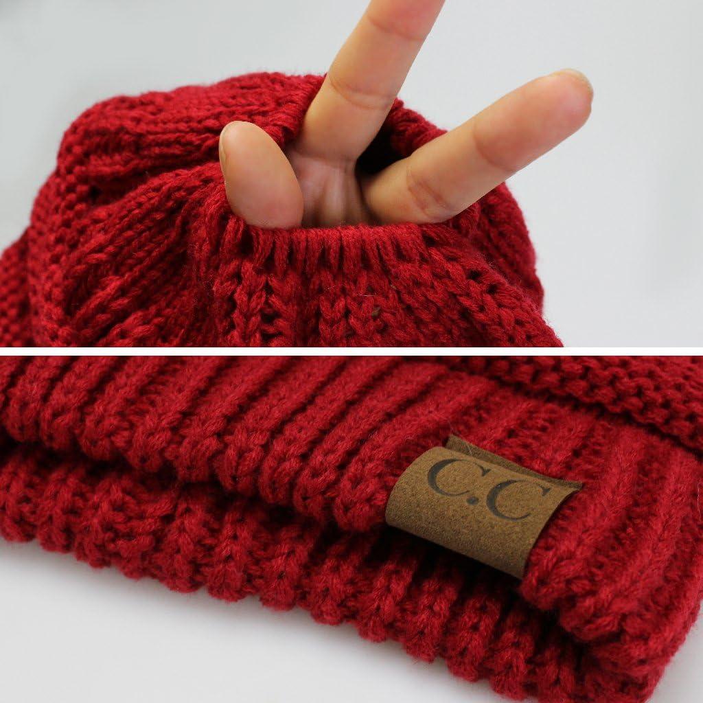 imageCC Exclusives Soft Stretch Cable Knit Messy Bun Ponytail Beanie Winter Hat for Women MB20ARed