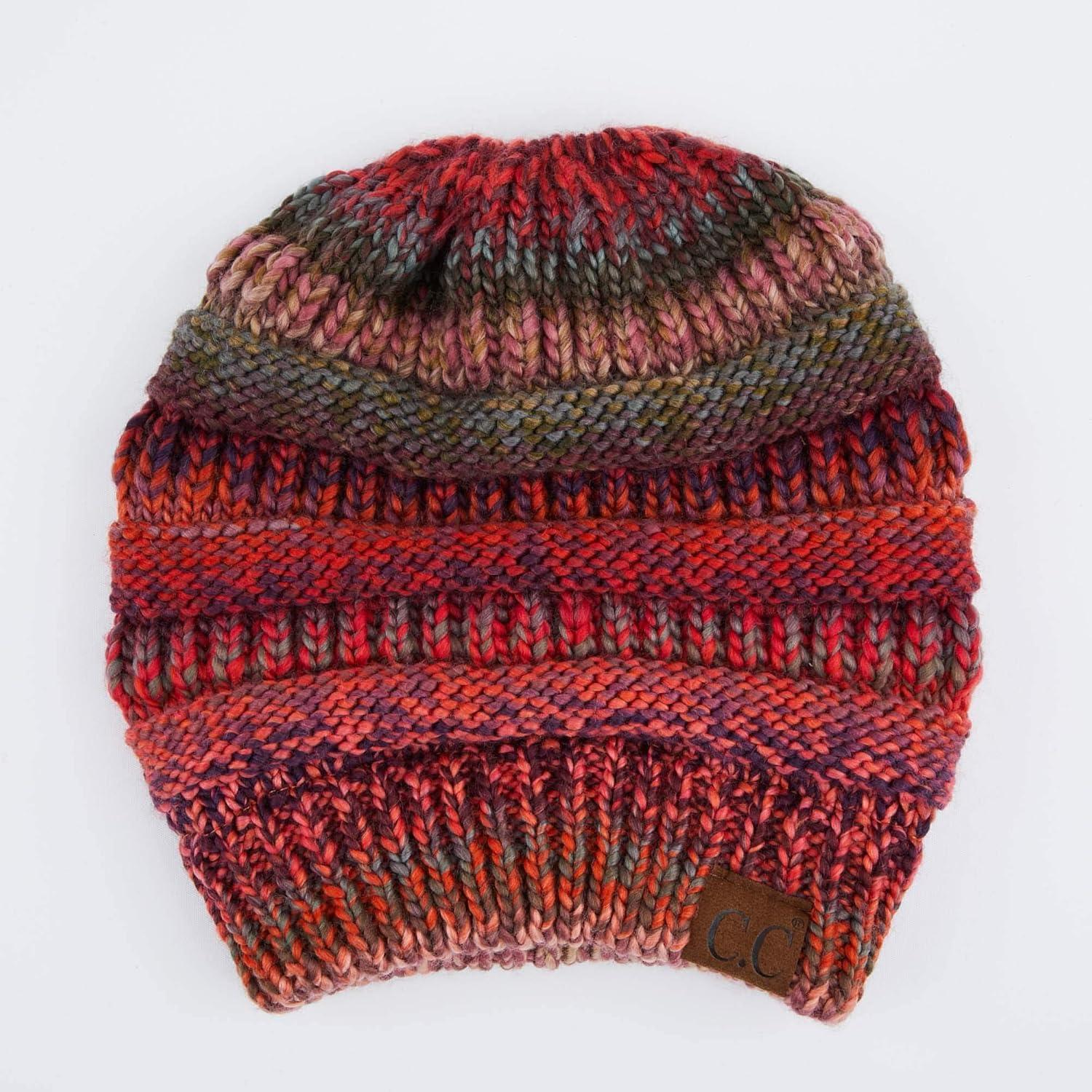 imageCC Exclusives Soft Stretch Cable Knit Messy Bun Ponytail Beanie Winter Hat for Women MB20ARust Mix