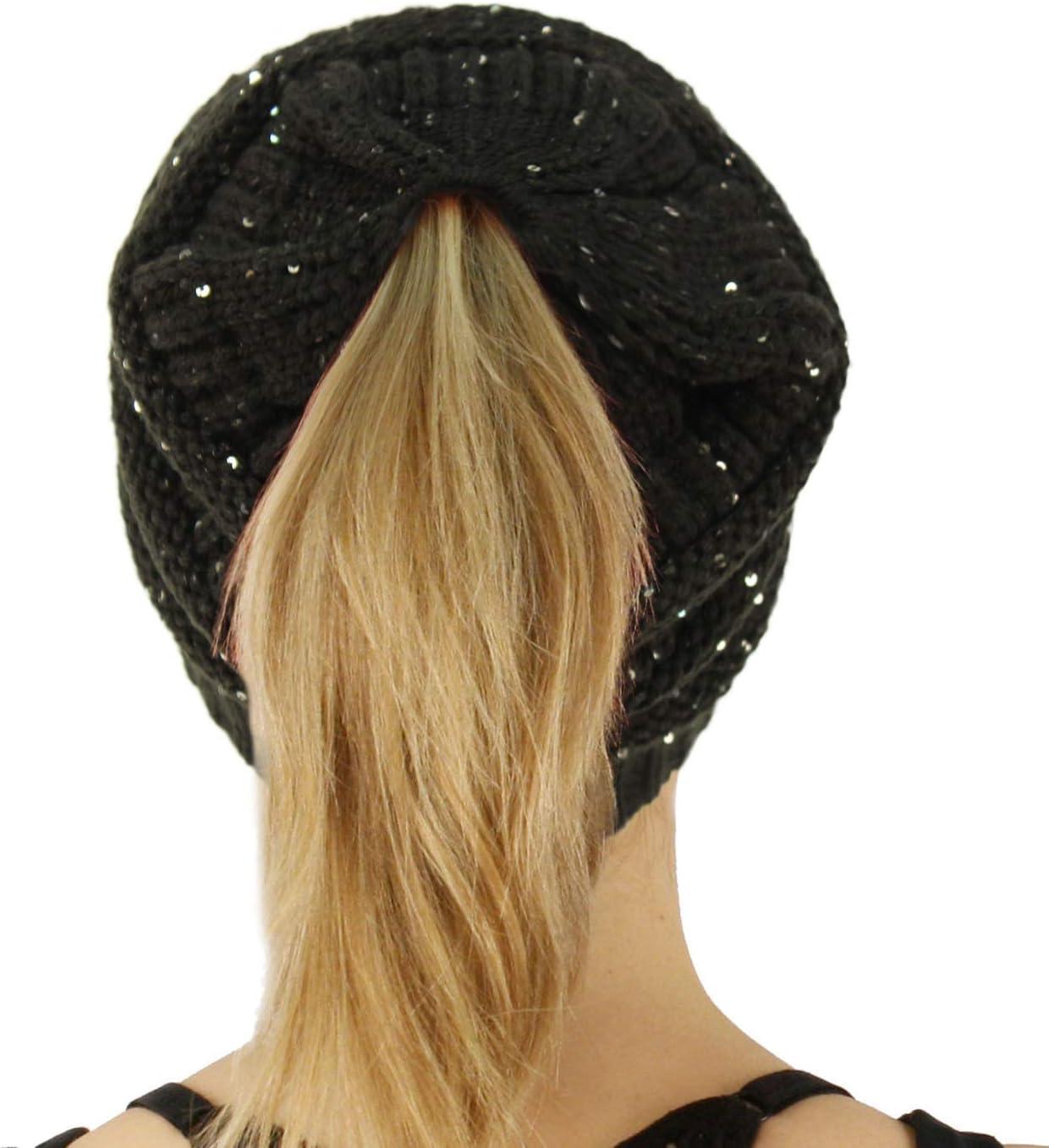 imageCC Exclusives Soft Stretch Cable Knit Messy Bun Ponytail Beanie Winter Hat for Women MB20ASequins Black
