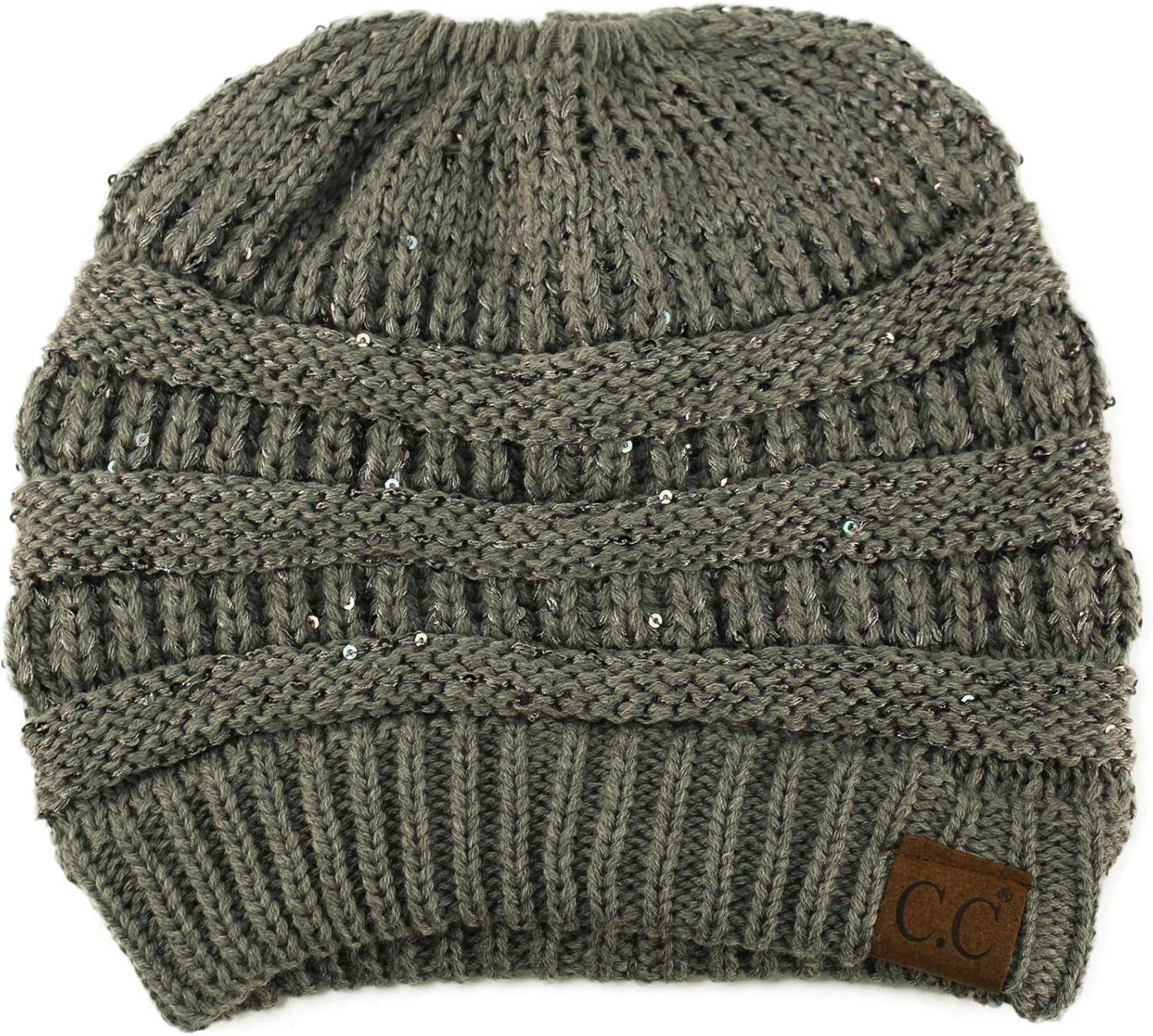 imageCC Exclusives Soft Stretch Cable Knit Messy Bun Ponytail Beanie Winter Hat for Women MB20ASequins Dk Melange Gray