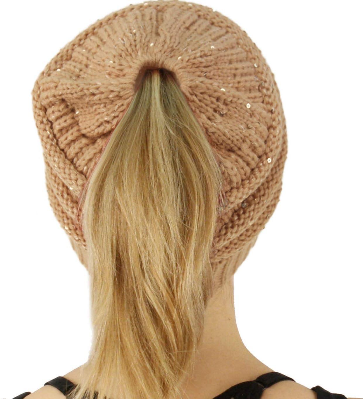 imageCC Exclusives Soft Stretch Cable Knit Messy Bun Ponytail Beanie Winter Hat for Women MB20ASequins Indi Pink