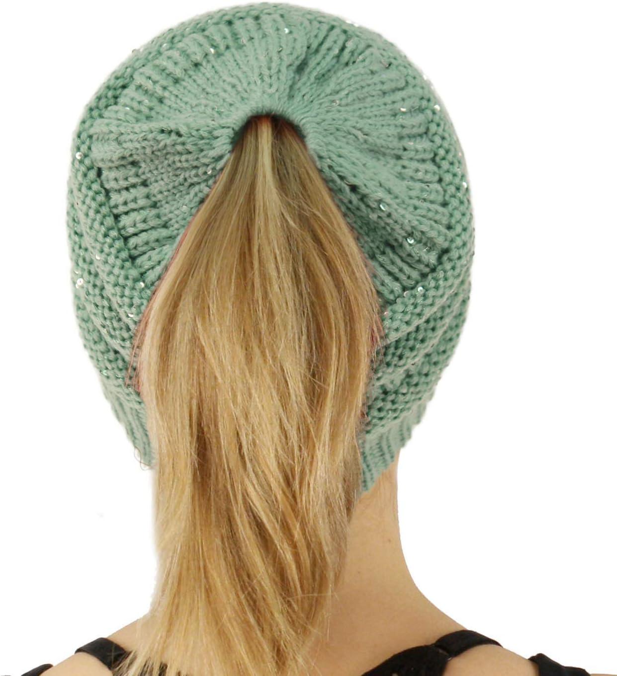 imageCC Exclusives Soft Stretch Cable Knit Messy Bun Ponytail Beanie Winter Hat for Women MB20ASequins Mint