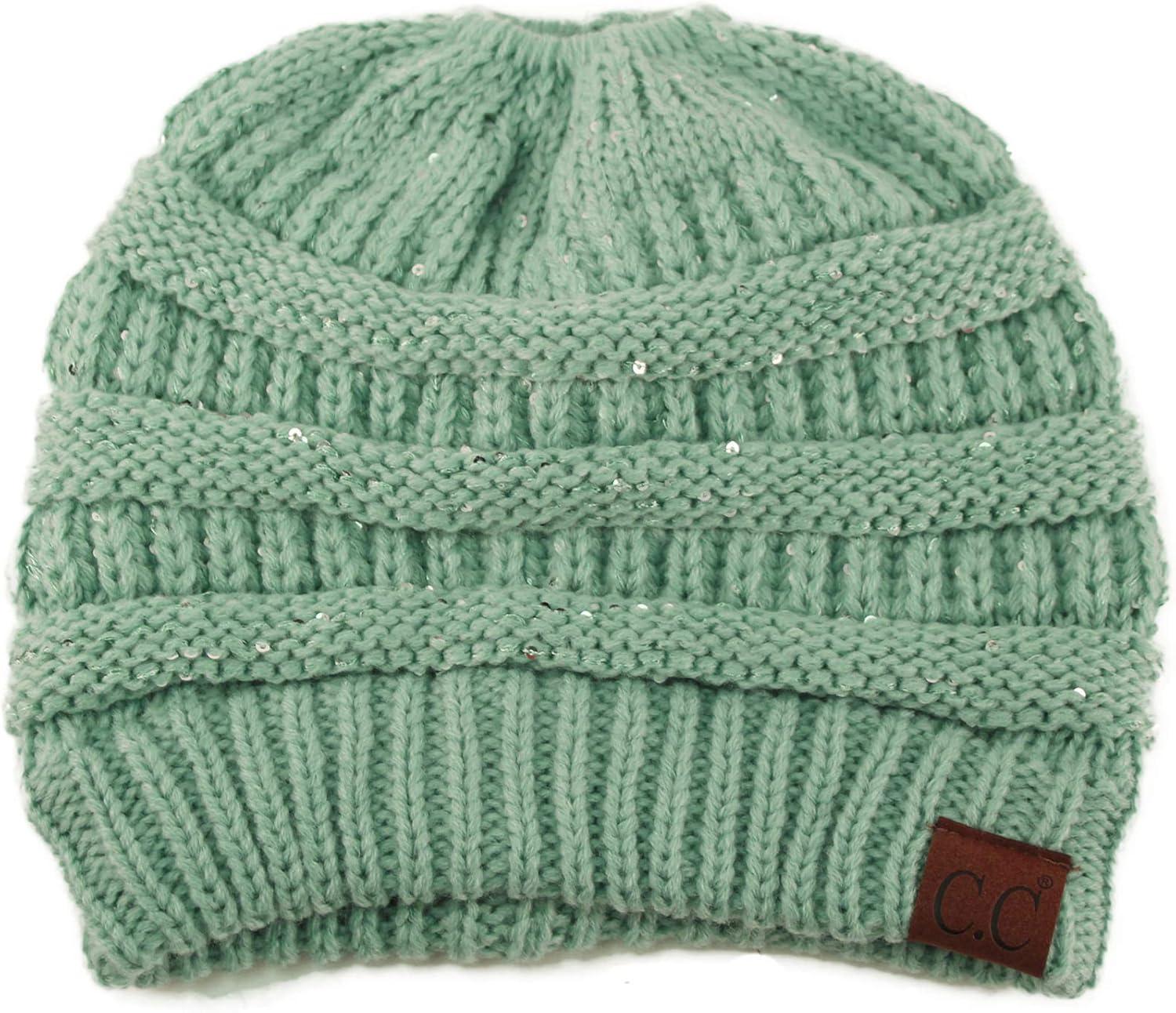 imageCC Exclusives Soft Stretch Cable Knit Messy Bun Ponytail Beanie Winter Hat for Women MB20ASequins Mint