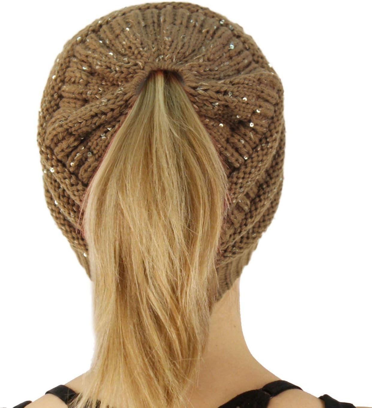 imageCC Exclusives Soft Stretch Cable Knit Messy Bun Ponytail Beanie Winter Hat for Women MB20ASequins Taupe