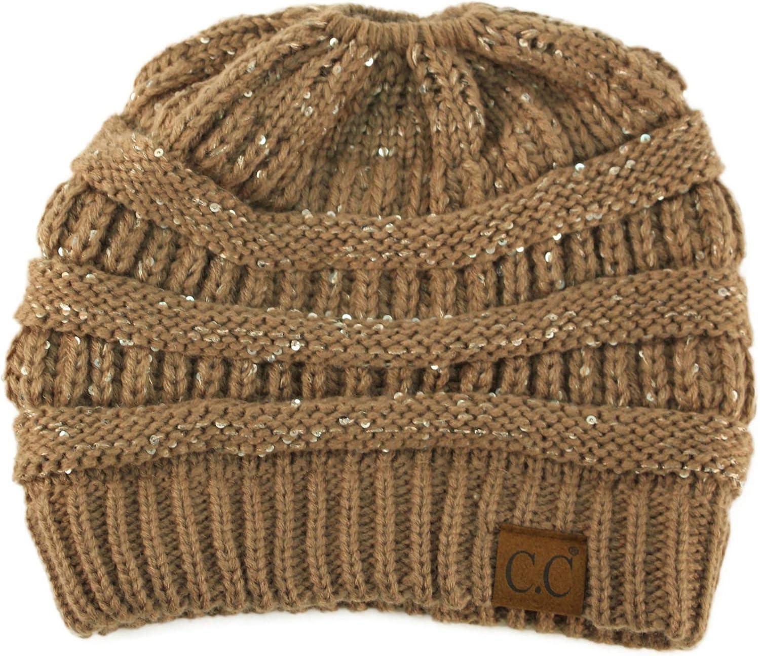 imageCC Exclusives Soft Stretch Cable Knit Messy Bun Ponytail Beanie Winter Hat for Women MB20ASequins Taupe
