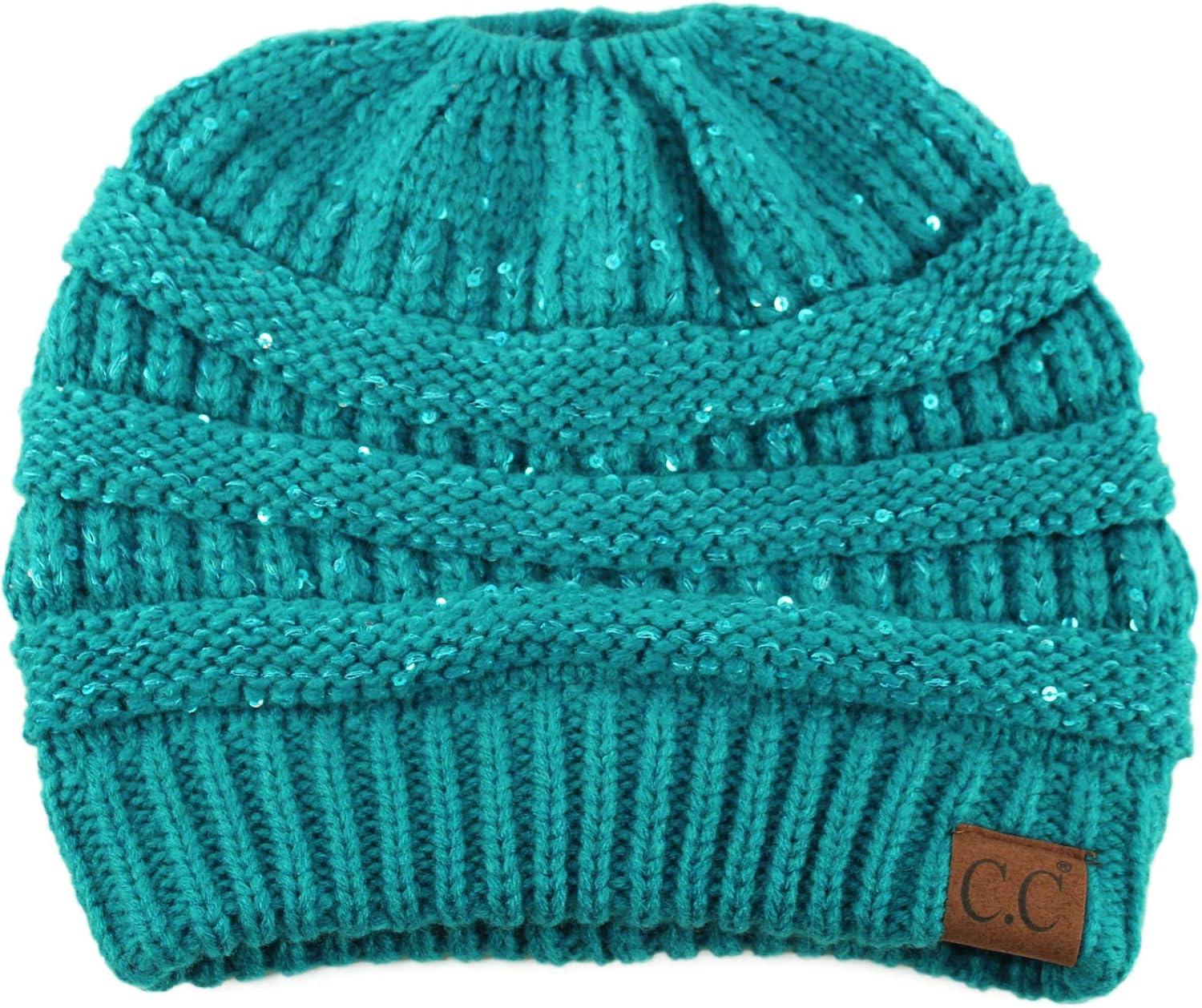imageCC Exclusives Soft Stretch Cable Knit Messy Bun Ponytail Beanie Winter Hat for Women MB20ASequins Teal