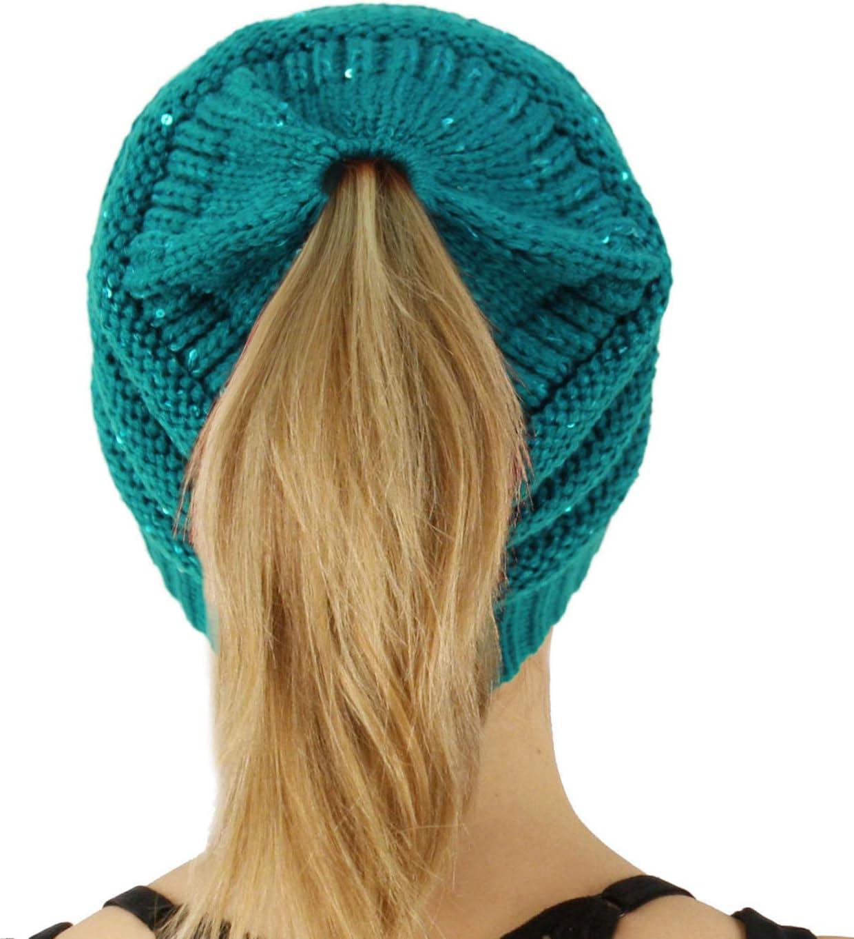 imageCC Exclusives Soft Stretch Cable Knit Messy Bun Ponytail Beanie Winter Hat for Women MB20ASequins Teal