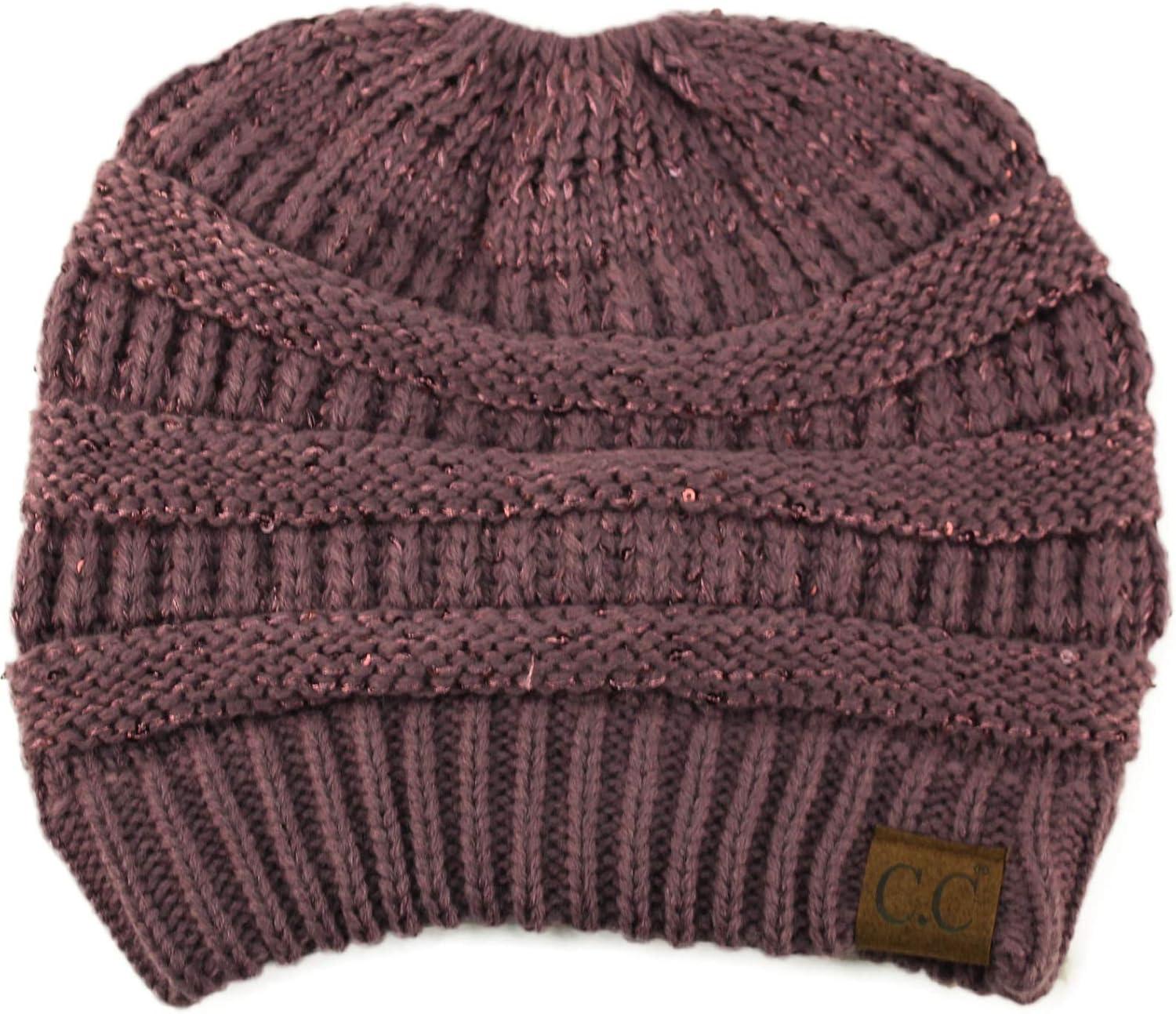 imageCC Exclusives Soft Stretch Cable Knit Messy Bun Ponytail Beanie Winter Hat for Women MB20ASequins Violet