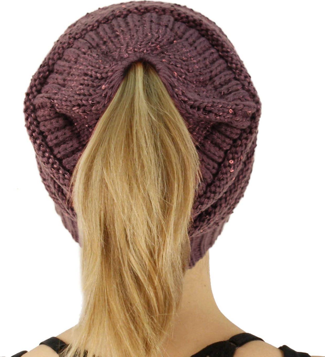 imageCC Exclusives Soft Stretch Cable Knit Messy Bun Ponytail Beanie Winter Hat for Women MB20ASequins Violet