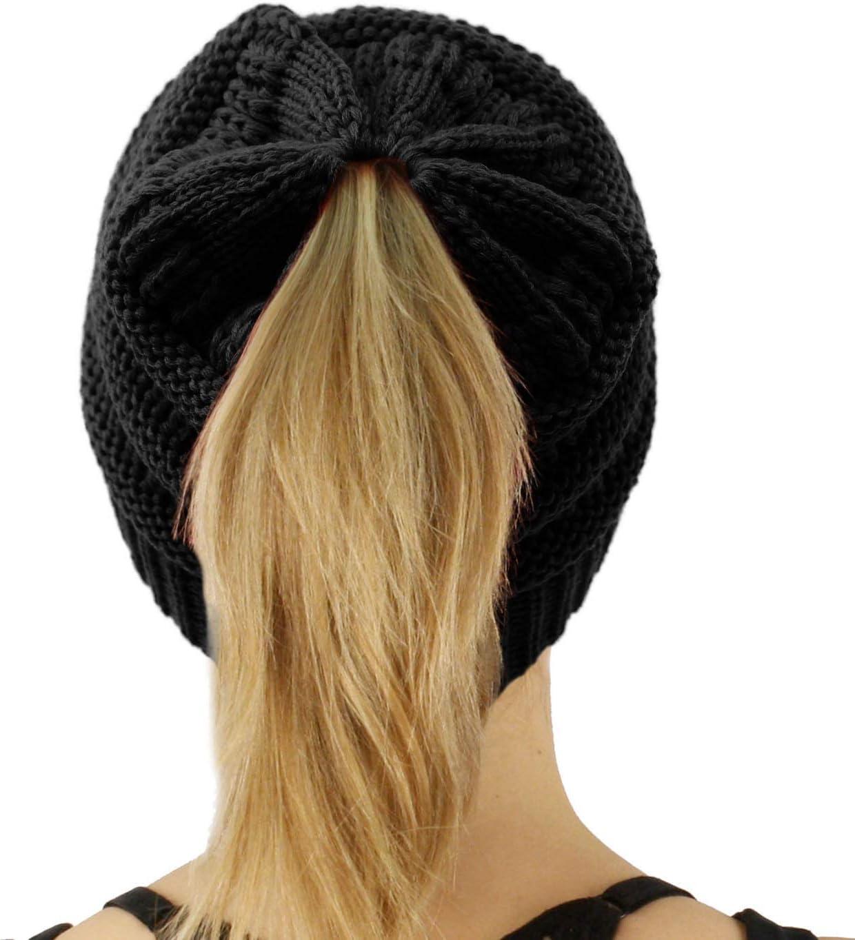 imageCC Exclusives Soft Stretch Cable Knit Messy Bun Ponytail Beanie Winter Hat for Women MB20ASolid Black