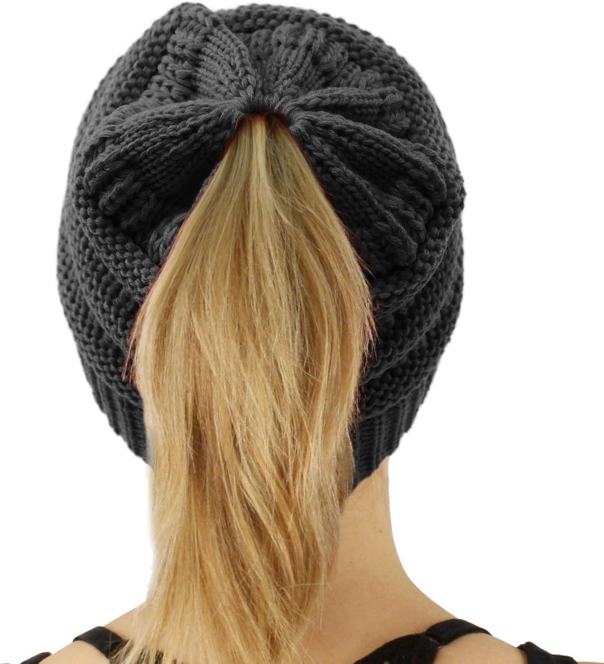 imageCC Exclusives Soft Stretch Cable Knit Messy Bun Ponytail Beanie Winter Hat for Women MB20ASolid Dk Melange Gray
