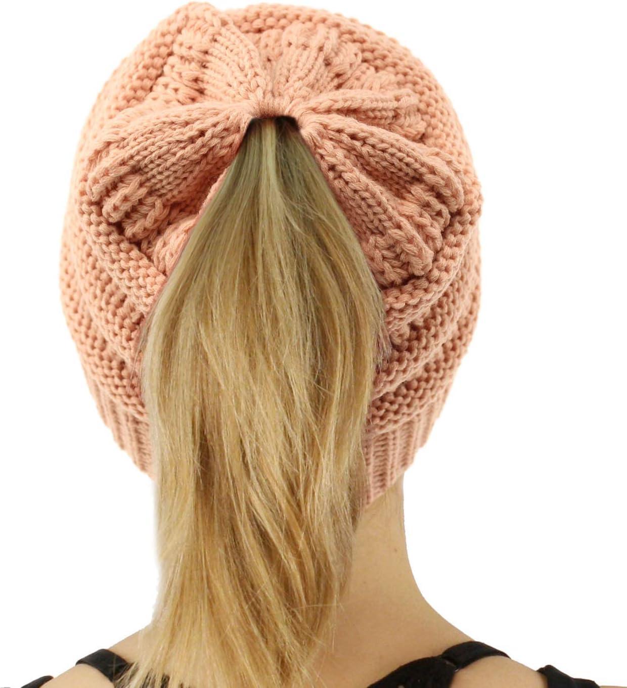 imageCC Exclusives Soft Stretch Cable Knit Messy Bun Ponytail Beanie Winter Hat for Women MB20ASolid Indi Pink