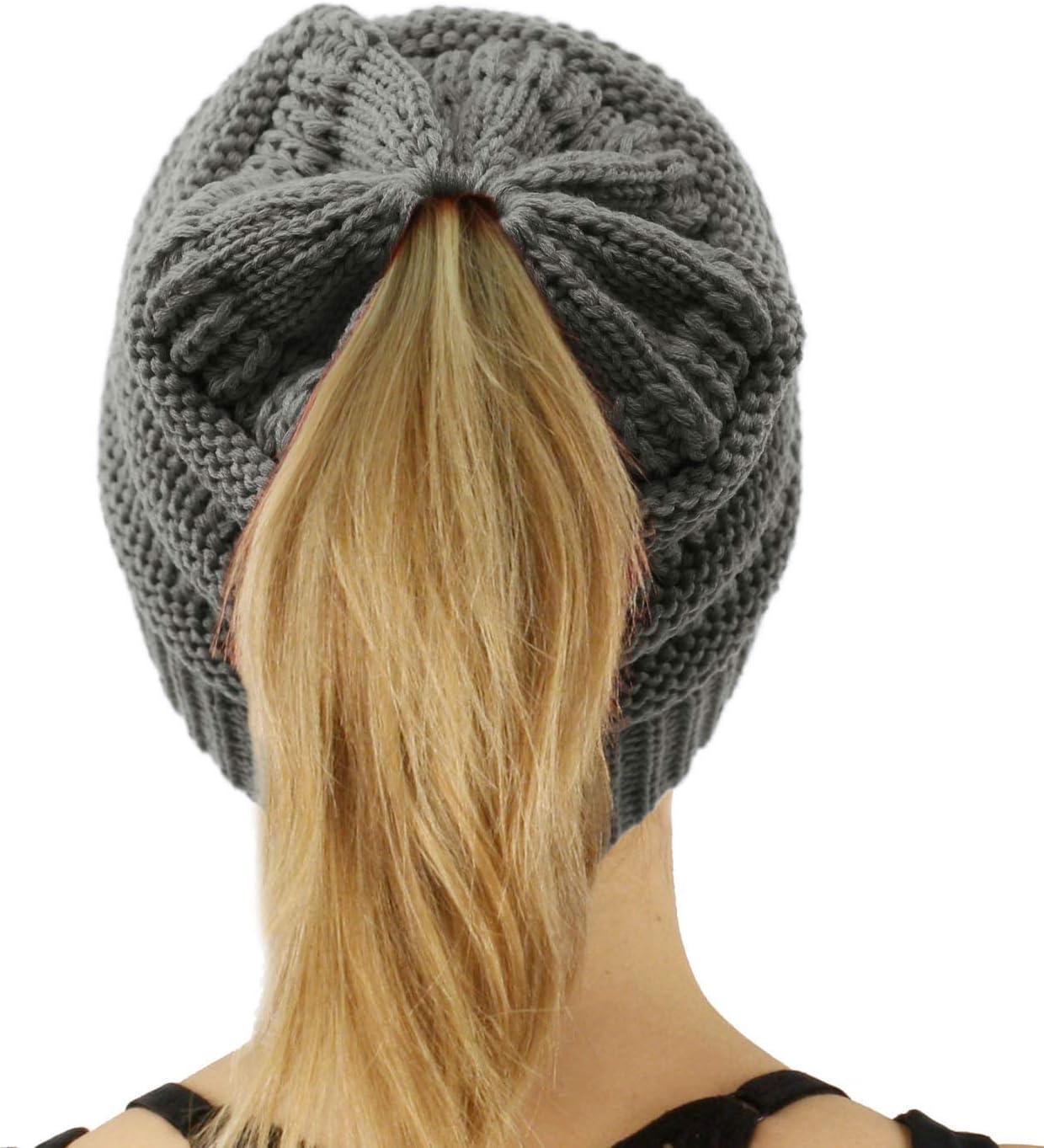 imageCC Exclusives Soft Stretch Cable Knit Messy Bun Ponytail Beanie Winter Hat for Women MB20ASolid Lt Melange Gray
