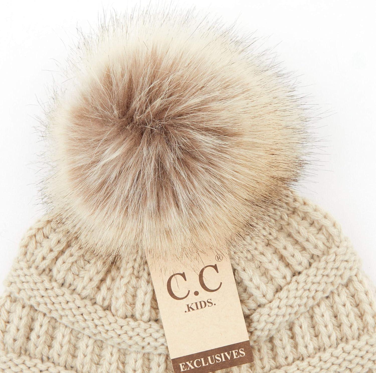imageCC Exclusives Solid Ribbed Kids Beanie Hat with Faux Fur Pom KIDS43KIDS2061Beige